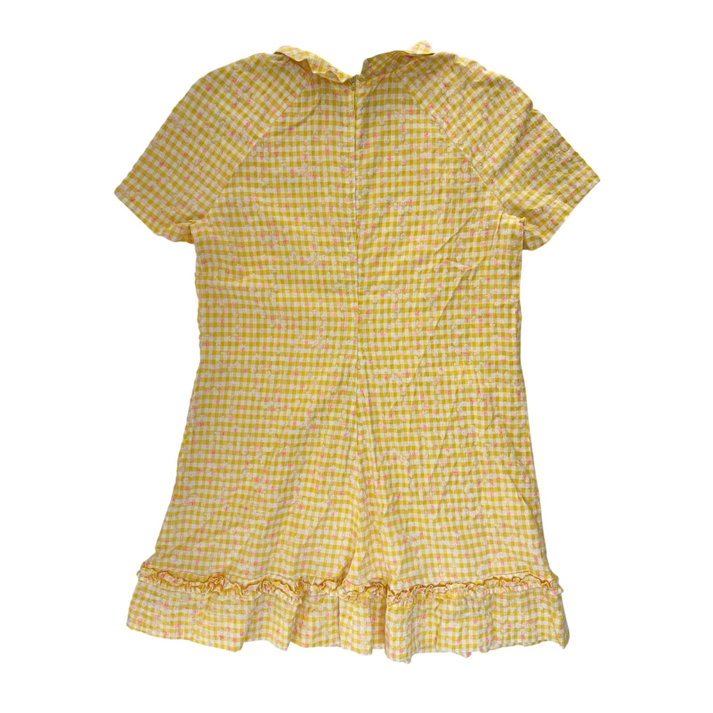 Vintage 70s Home Sewn Yellow Gingham Floral Mini Dress Ruffle Hem S