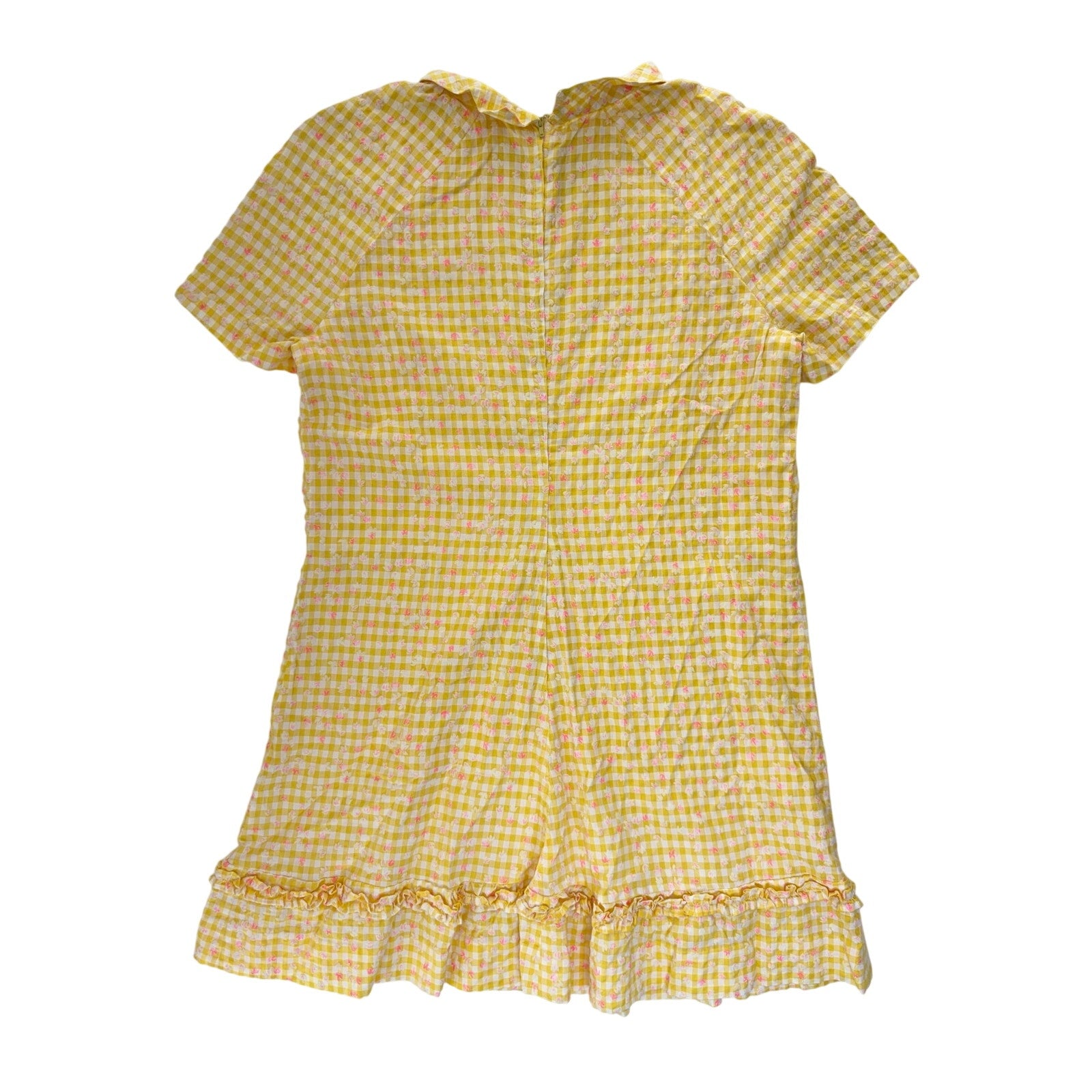 Vintage 70s Home Sewn Yellow Gingham Floral Mini Dress Ruffle Hem S