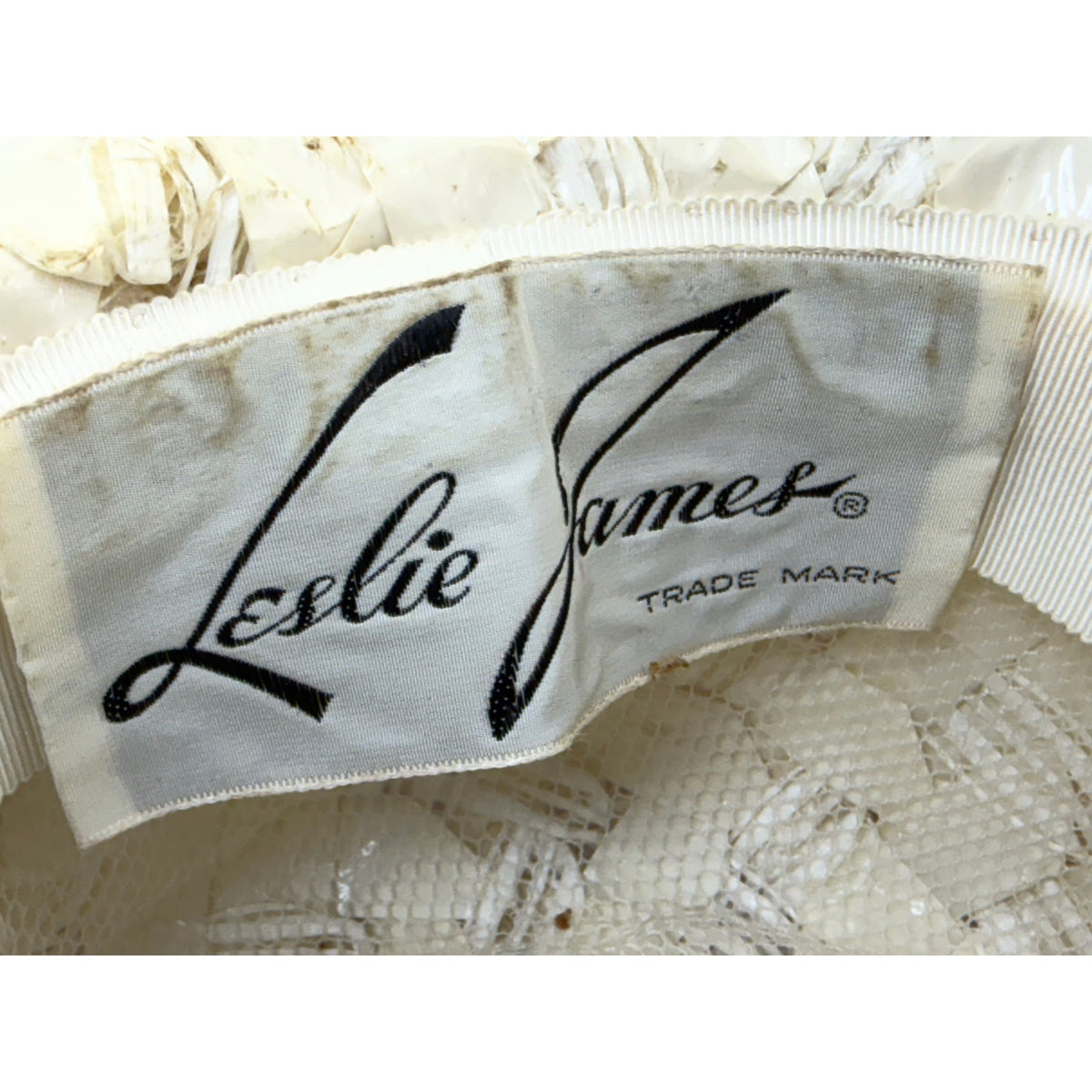 Vintage 60s Leslie James Straw Wide Brim Floral Lace Sun Hat Cream