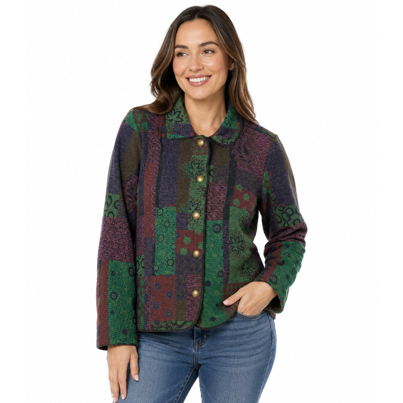 Vintage 90s Christopher & Banks Women's Small Tapestry Jacket Multicolor Bronze Button Artsy