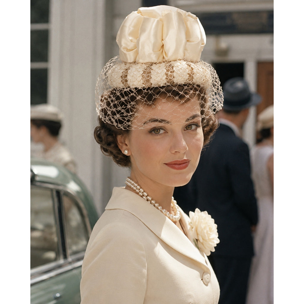 Vintage 1950s Modern Miss White Veiled Raffia Cocktail Hat Fascinator
