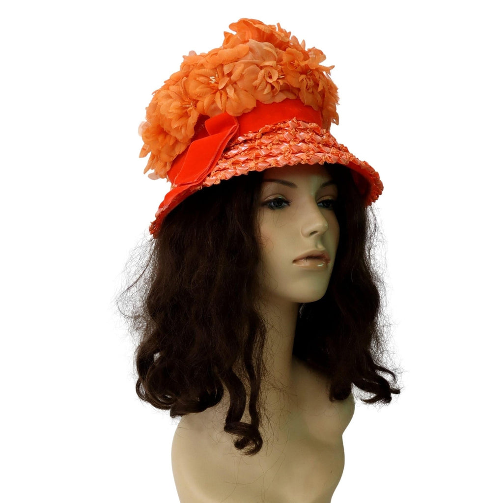 Vintage 1960s Orange Floral Raffia Straw Hat Velvet Ribbon Garden Party