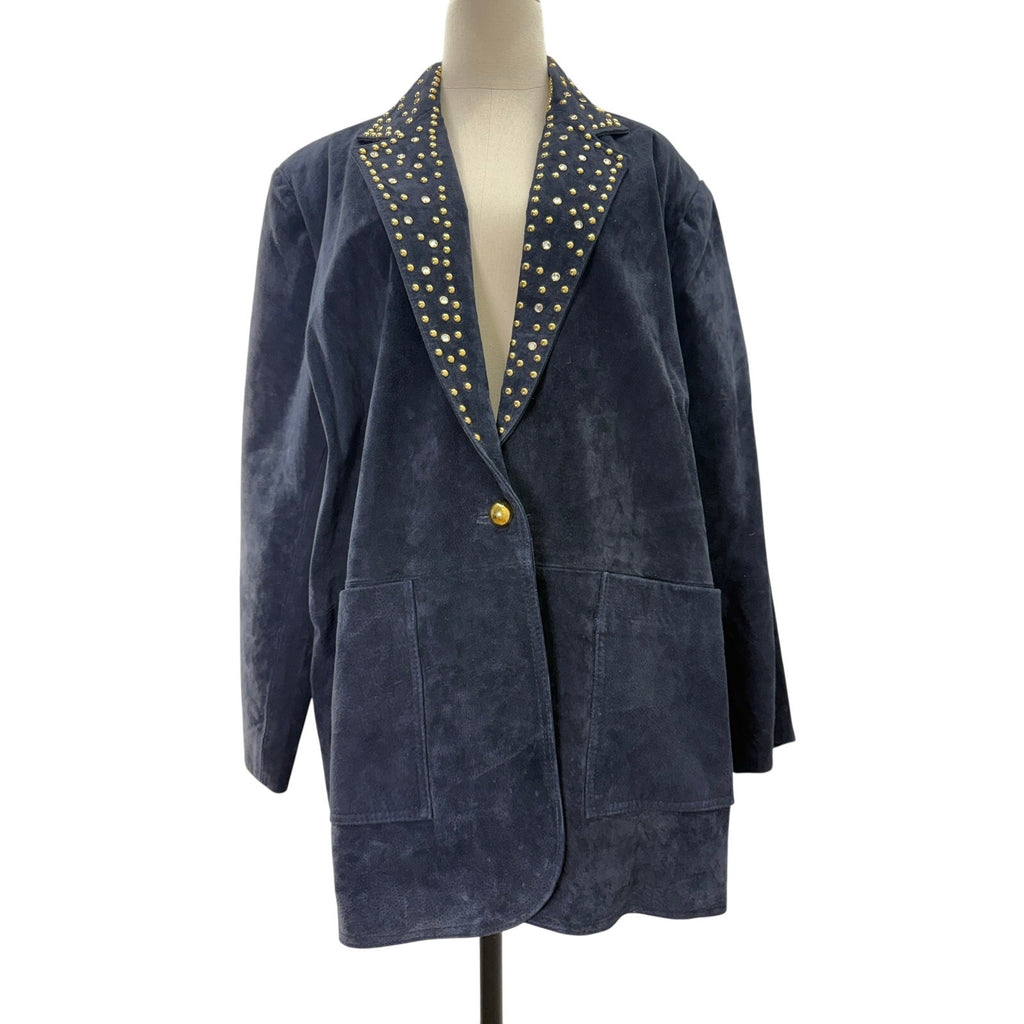 Vintage 90s Women's Large Navy Suede Leather Blazer Jacket Studded Lined