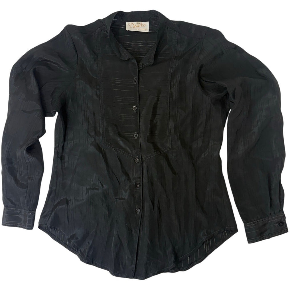 Vintage 80s Donito Italy Black Sheer Blouse Band Collar Button Front Women's S