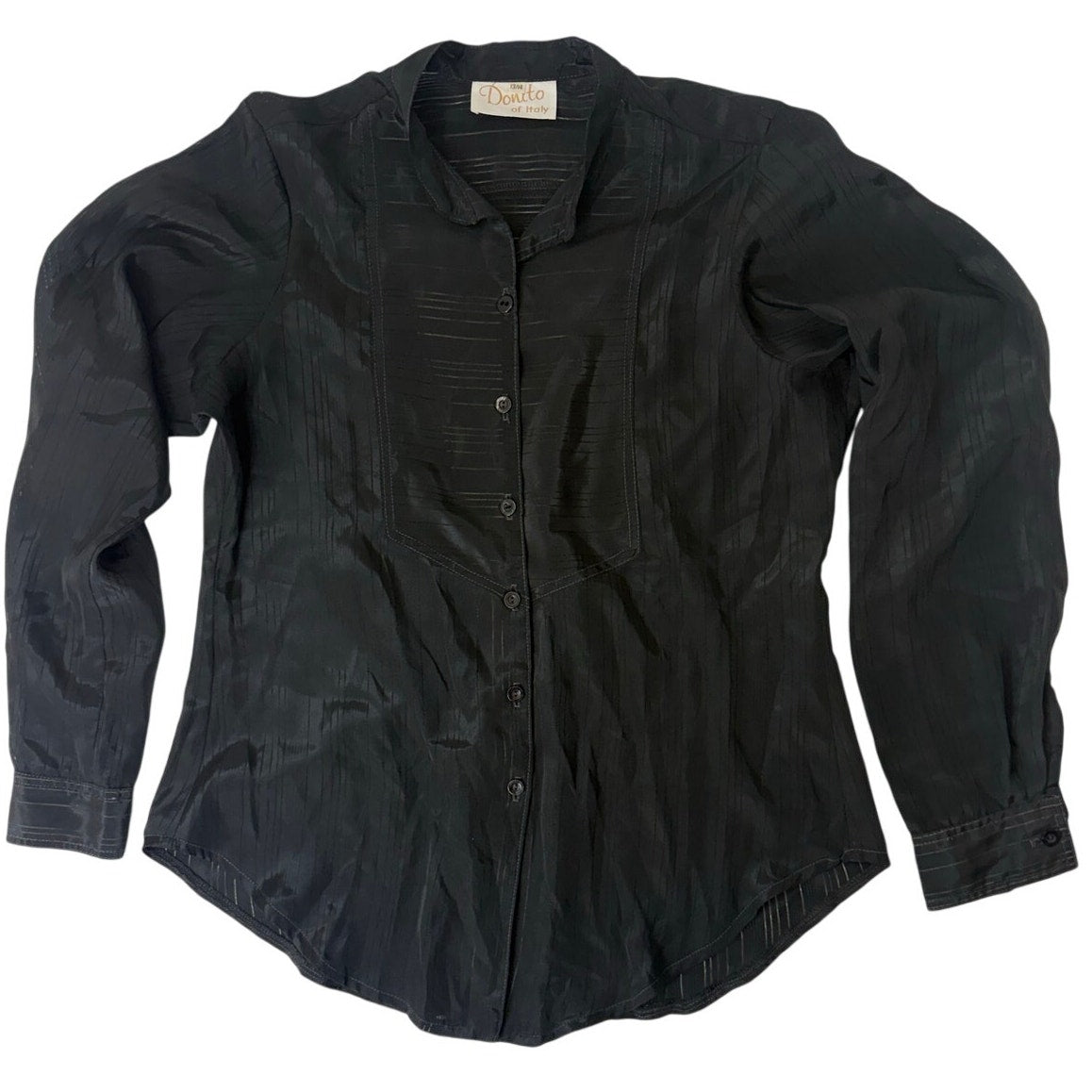 Vintage 80s Donito Italy Black Sheer Blouse Band Collar Button Front Women's S