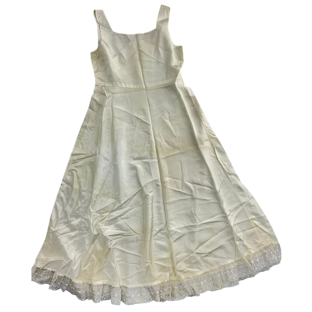 Vintage 60s Ivory Satin Wedding Flower Girl Dress & Slip Home Sewn Girls 12-14