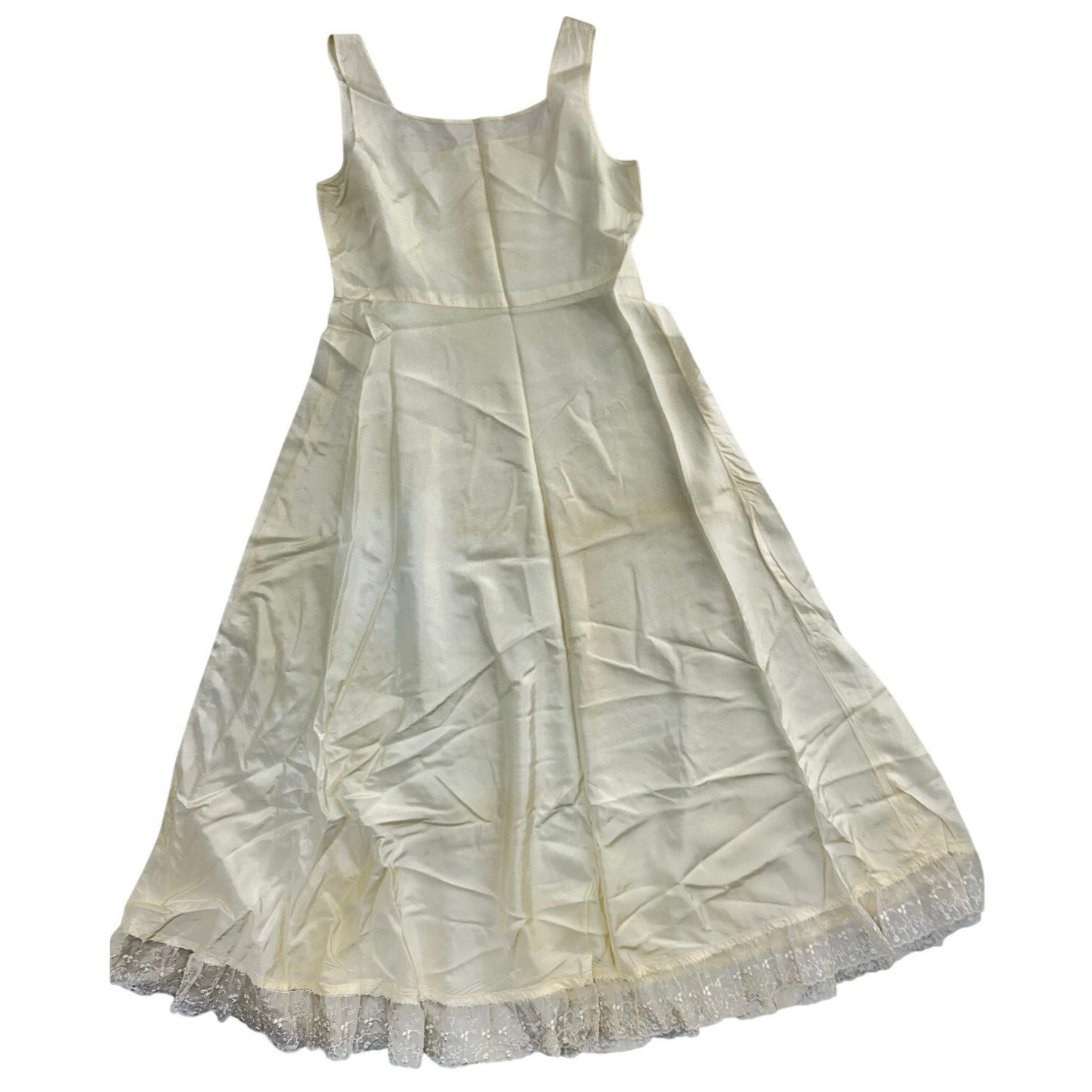 Vintage 60s Ivory Satin Wedding Flower Girl Dress & Slip Home Sewn Girls 12-14