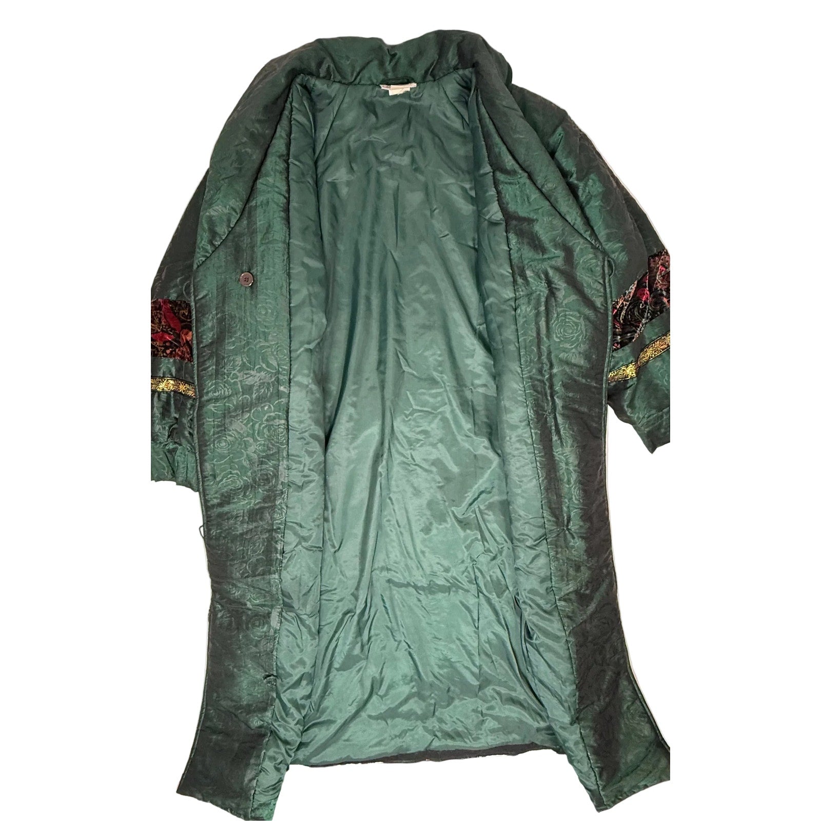 Vintage 80s Women’s XL OS International Green Rain Coat Floral Trim Midi
