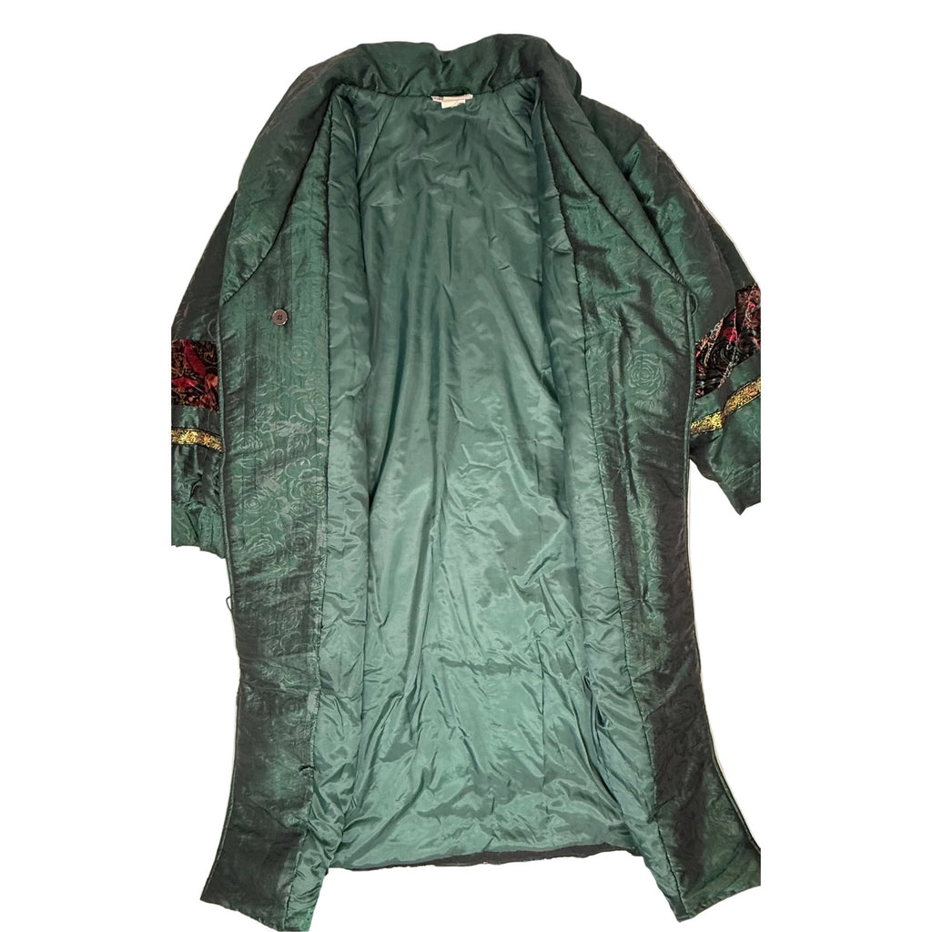 Vintage 80s Long Green Raincoat Jacket Floral Trim Midi Embroidered Women’s XL
