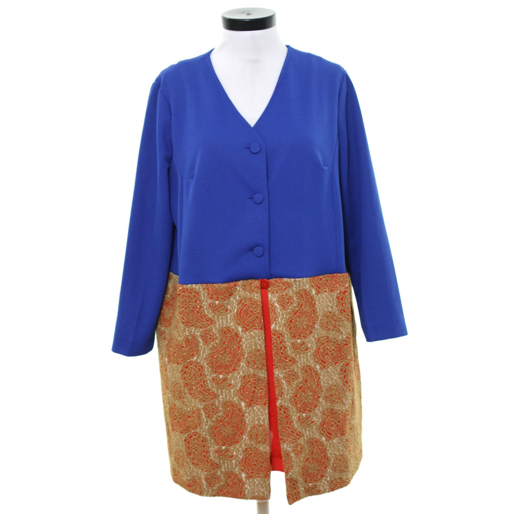 Vintage 70s Blue Paisley Mod Mini Dress Double Layer Home Sewn XL
