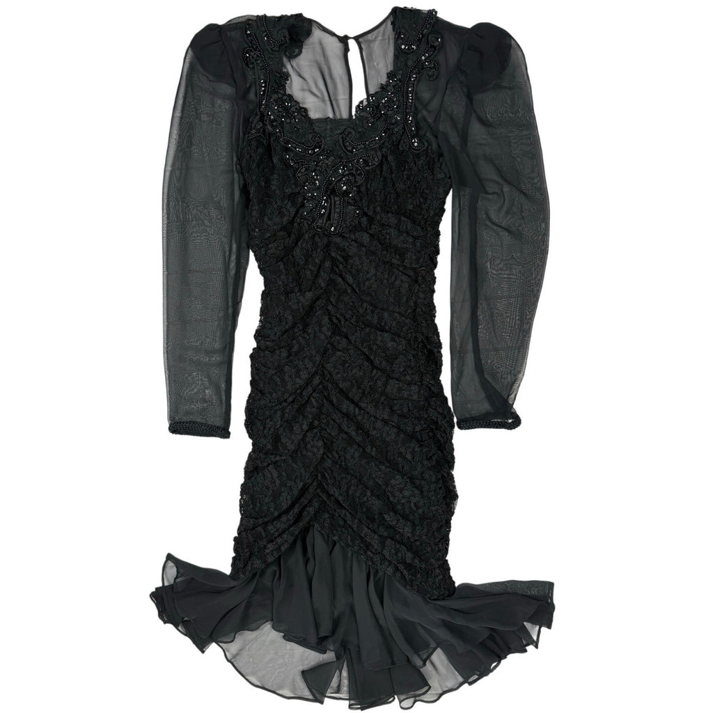 Vintage Y2K Dave & Johnny Black Lace Beaded Ruched Sheer Sleeve Dress Size 5/6