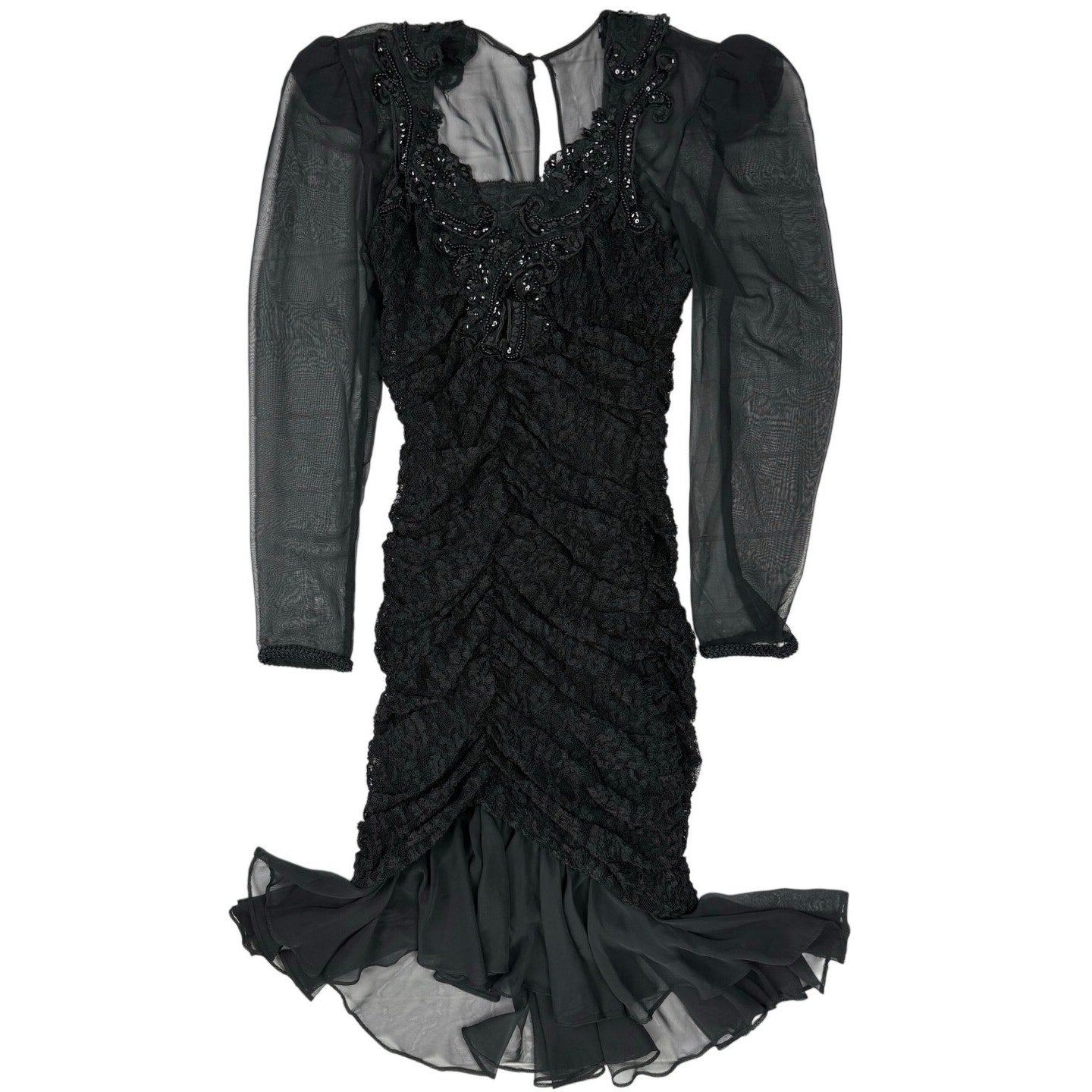 Vintage Y2K Dave & Johnny Black Lace Beaded Ruched Sheer Sleeve Dress Size 5/6