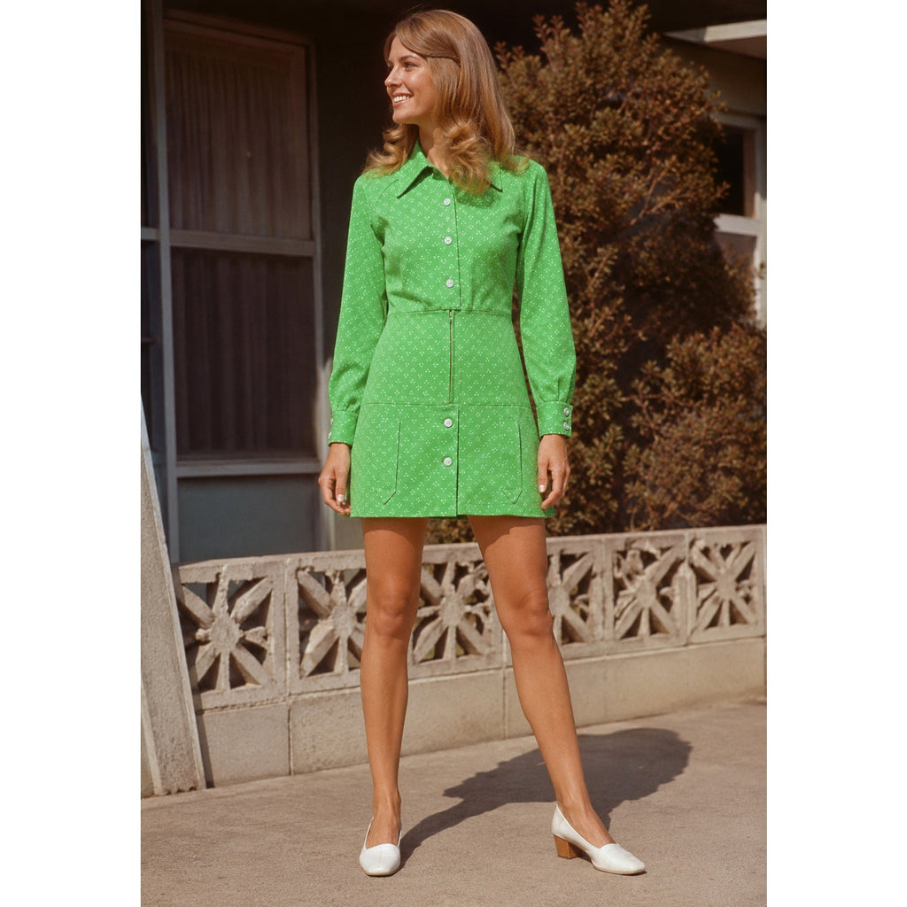 Vintage 70s Catalina Green Mod Mini Shirt Dress Polyester Knit Small