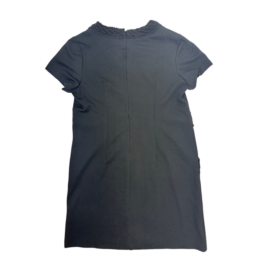Vintage 1960s Black Shift Cocktail Dress Lace Trim Pocket Mid Length Home Sewn