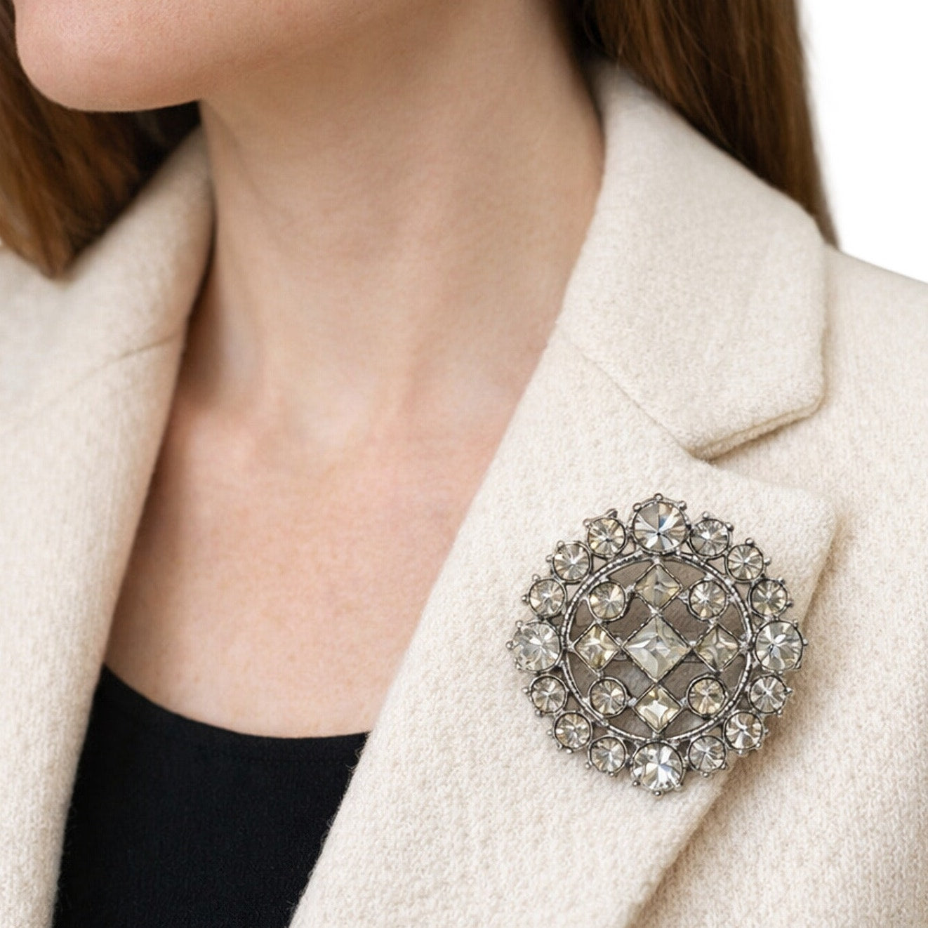 Vintage 60s Silver Round Rhinestone Brooch Pin Mid Century Modern