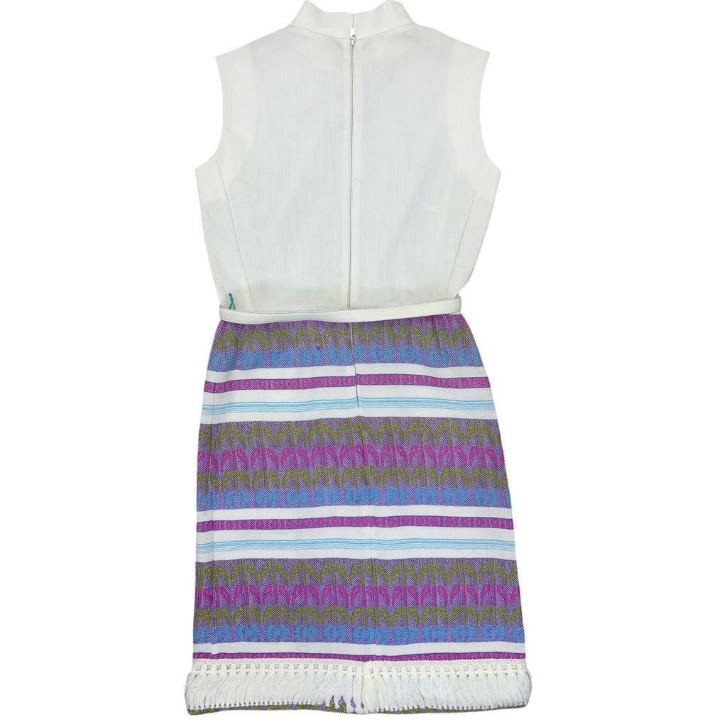 Vintage 70s Forget Me Not White Knit Geometric Fringe Midi Dress Women Small