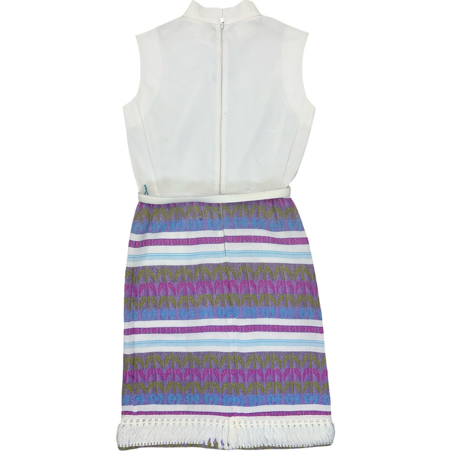 Vintage 70s Forget Me Not White Knit Geometric Fringe Midi Dress Women Small