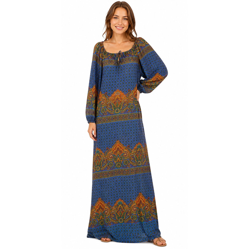 Vintage 1970s Navy Paisley Fleur de Lis Boho Maxi Lounge Dress Women's Medium