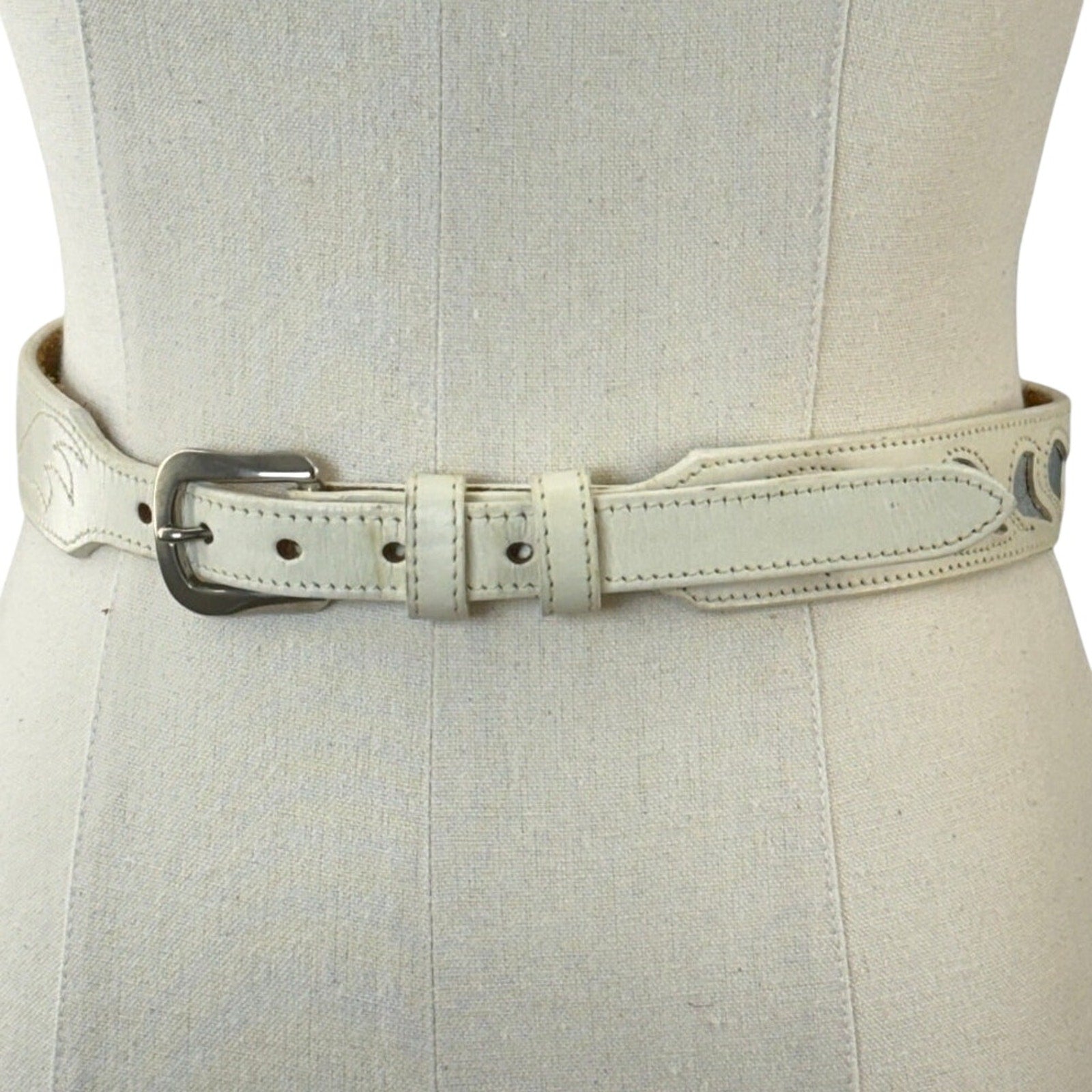 Vintage 80s White Leather Belt Heart Cutout Silver Buckle 24-27 Made in USA