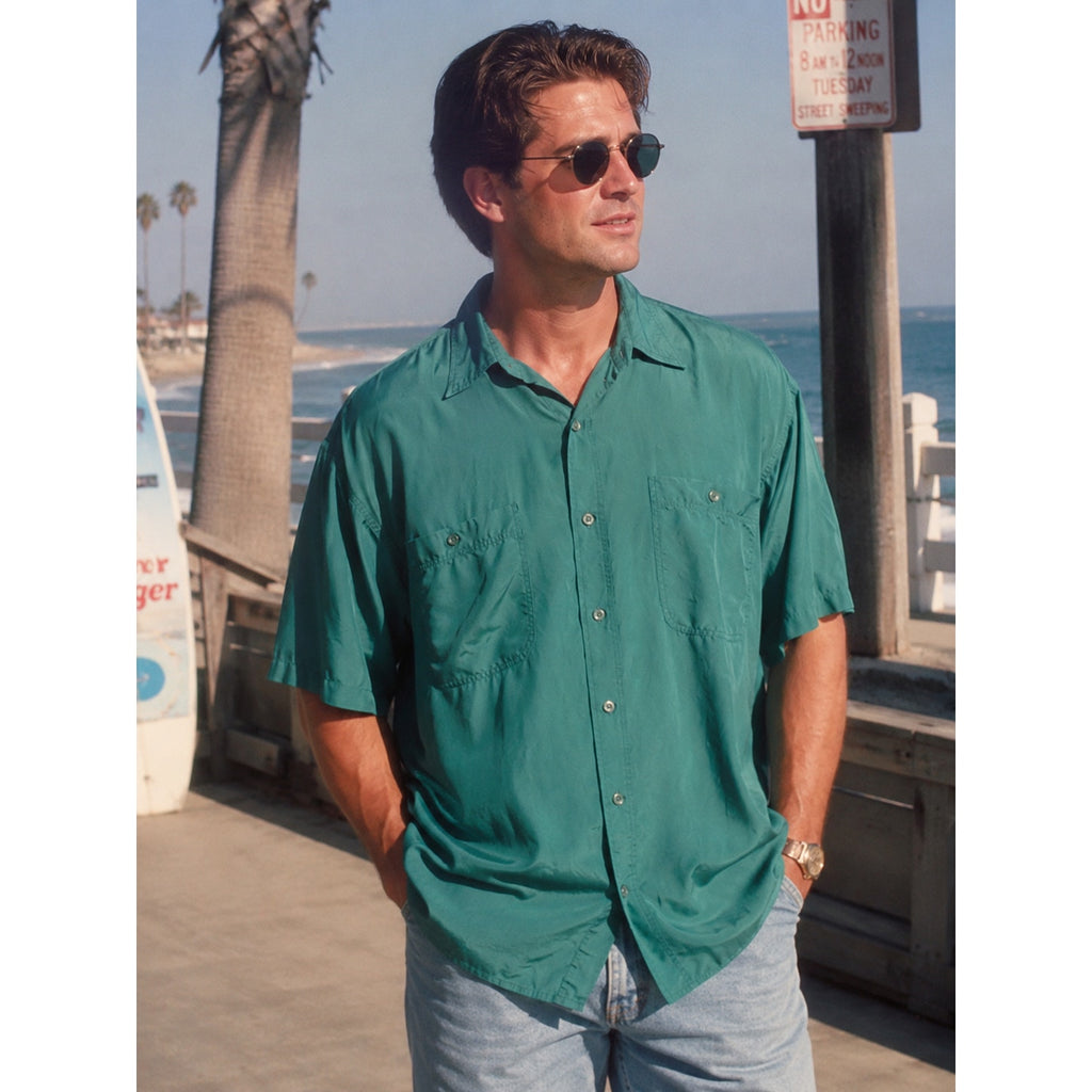 Vintage 90s Bogari Sea Green Silk Camp Shirt Men's XL Button Front