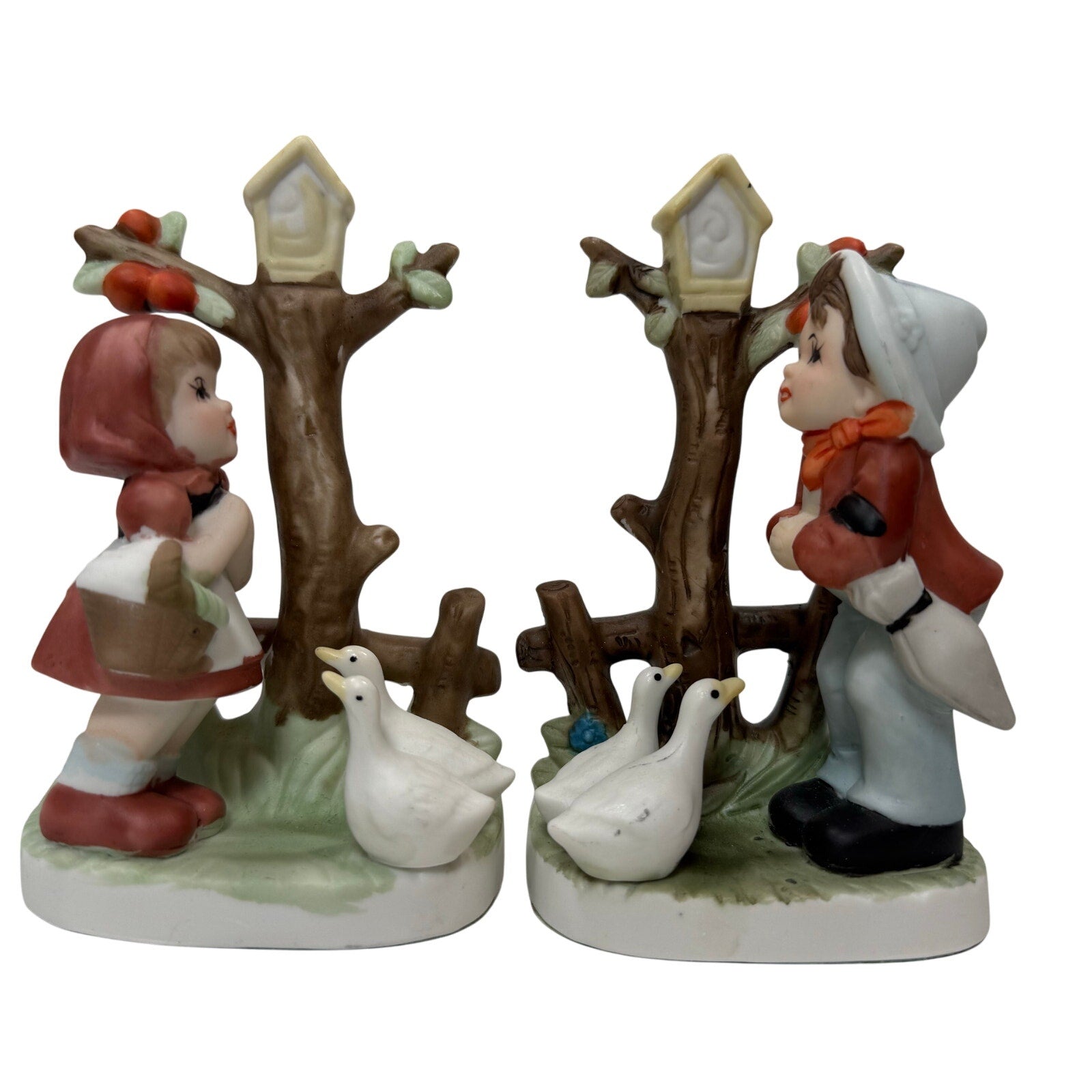 Vintage 80s Taiwan Boy & Girl Figurine Set with Geese Farm Scene Porcelain