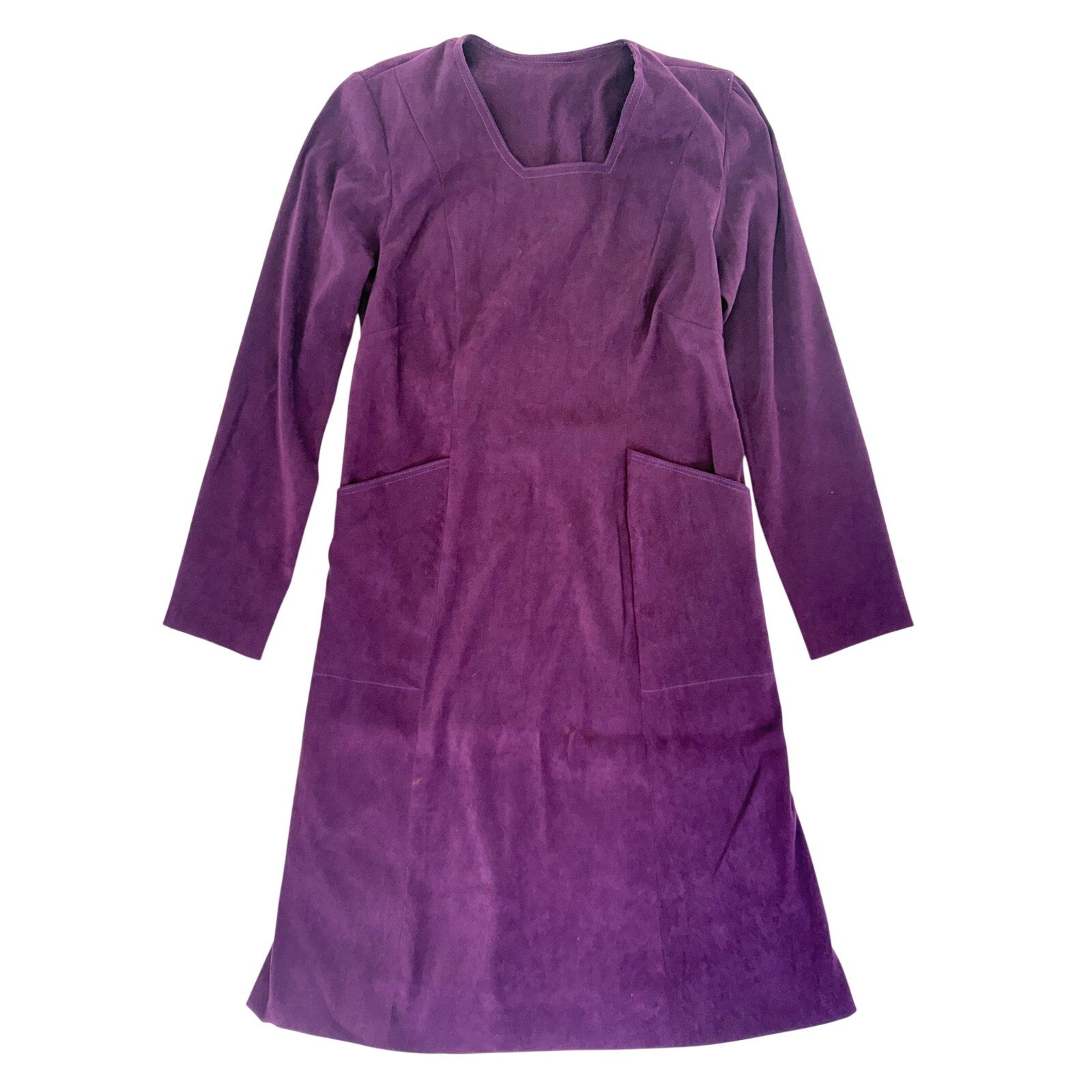 Vintage 70s Purple Long Sleeve Midi Dress Home Sewn Square Neck Pockets