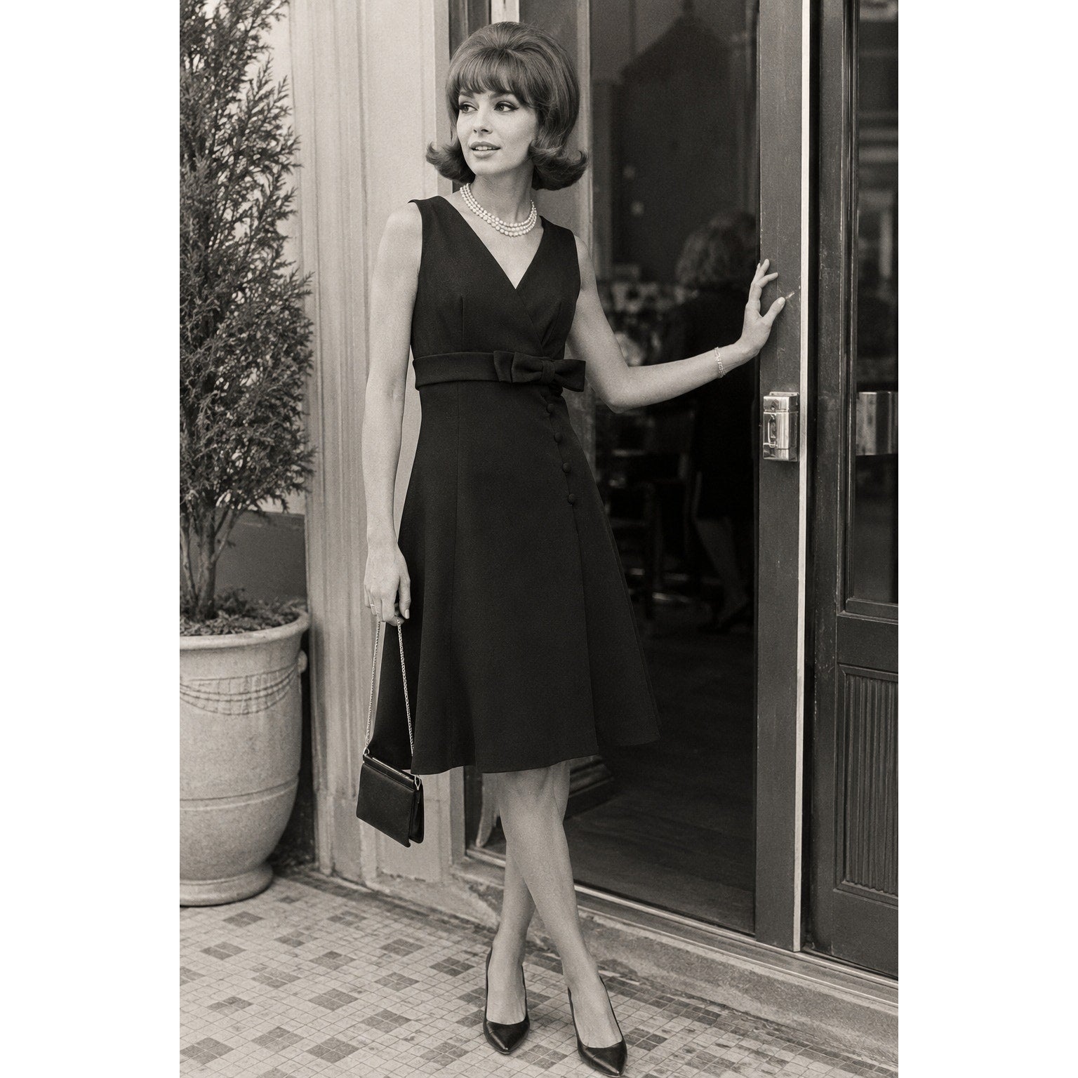 Vintage 60s Black Mod Wrap Dress Empire Waist Bow Sleeveless Women's Small