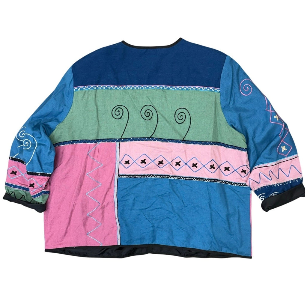 Vintage 90s Indigo Moon Patchwork Jacket 2X Art to Wear Linen Cotton Rayon