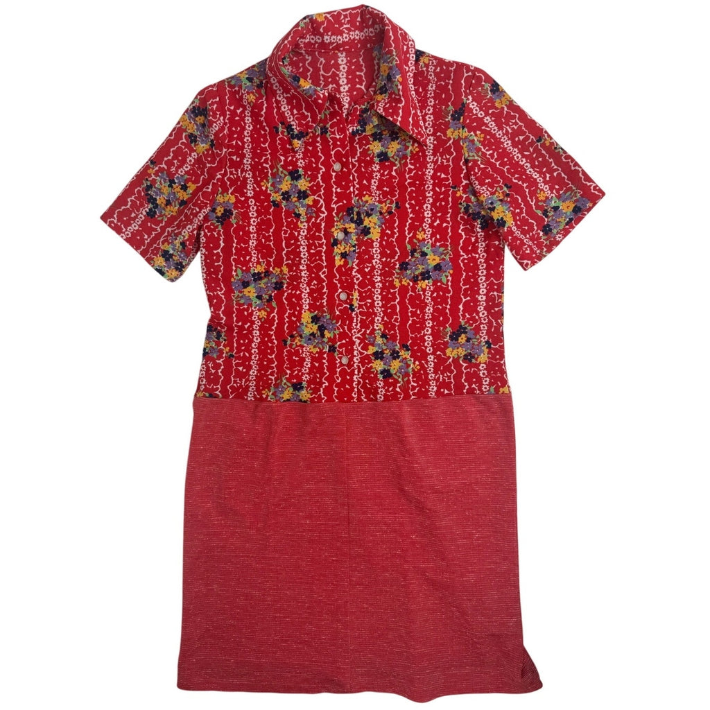 Vintage 70s Orange Red Floral Polyester Knit Drop Waist Shirt Dress Small/Medium