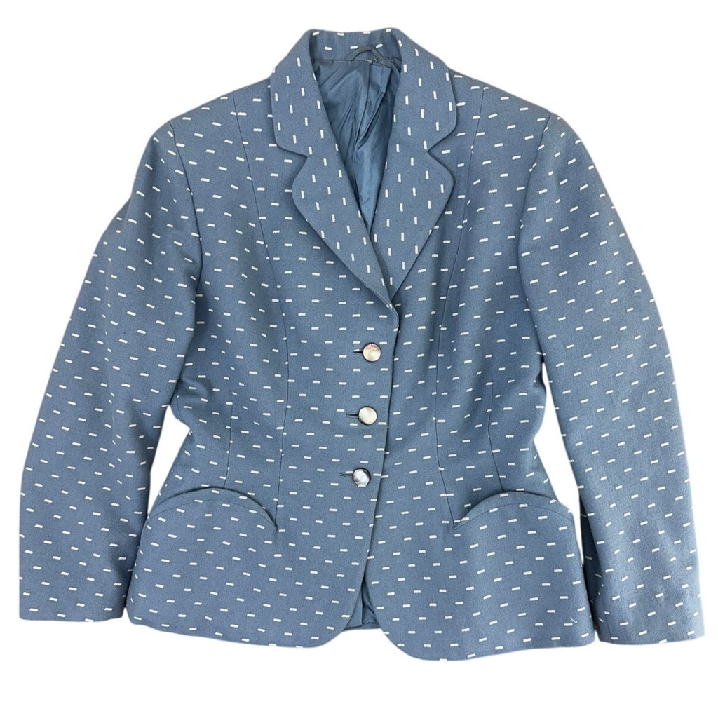 Vintage 80s Women's Medium Slate Blue Wool Blend Skirt Suit Polka Dot Career Set