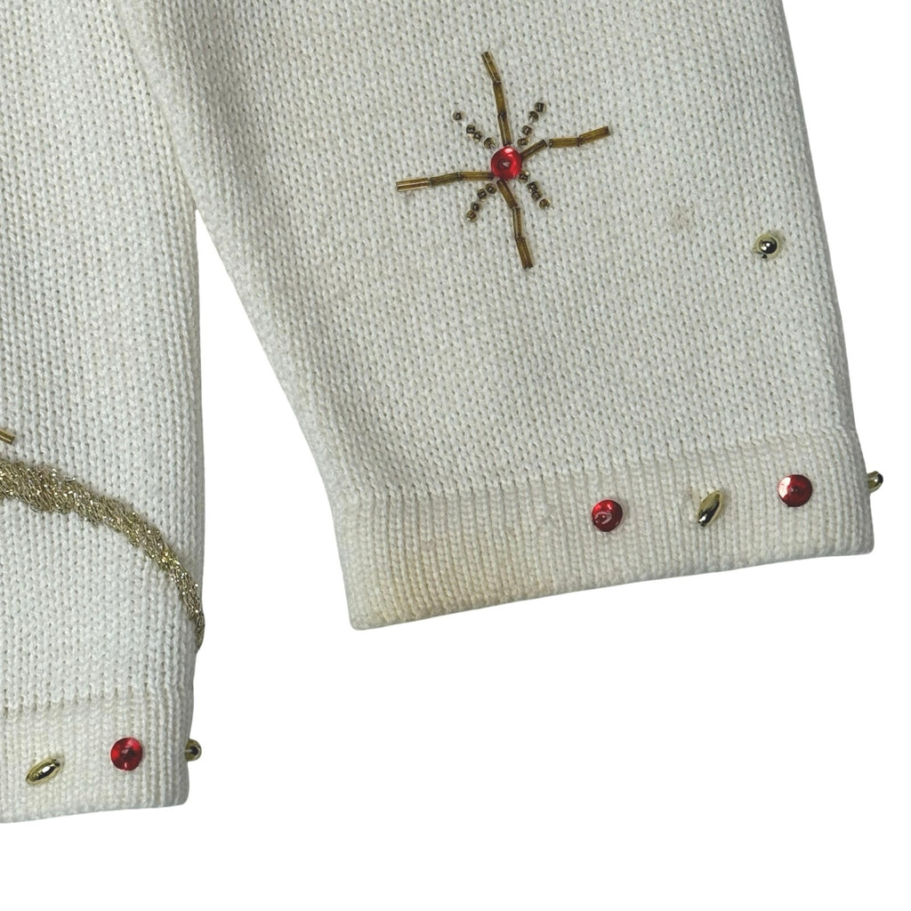 Vintage 90s Women’s XL Christmas Sweater Beaded White Holiday Knit
