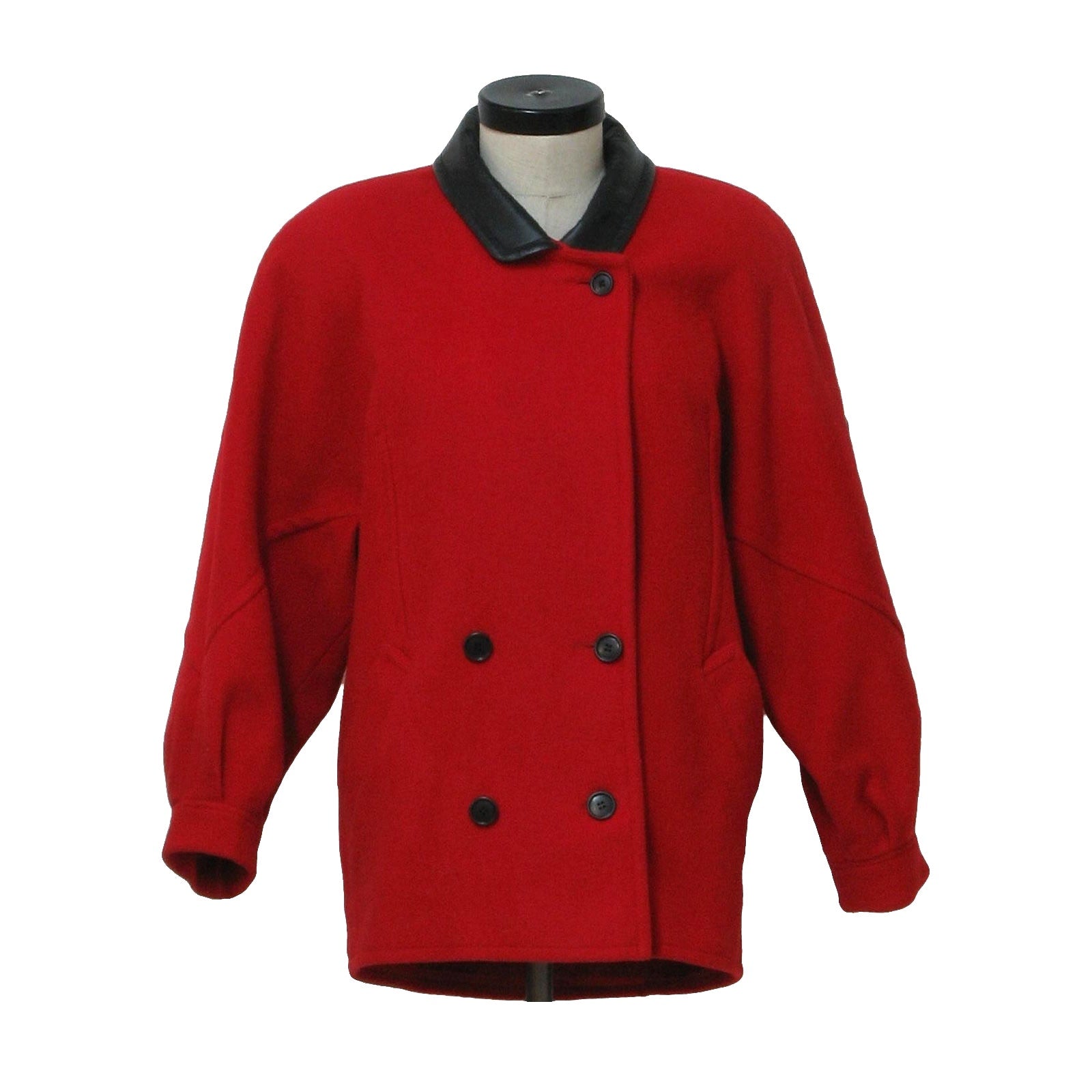 Vintage 80s Women's Medium Red Wool Jacket Black Leather Collar Power Shoulder