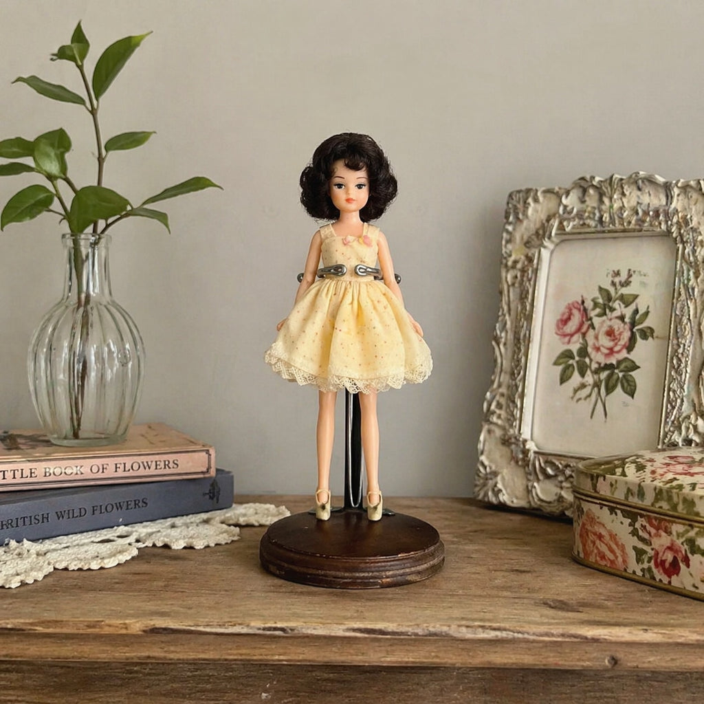 Vintage 80s  Dynasty Doll Stand Wood Base Metal Holder 8” Taiwan