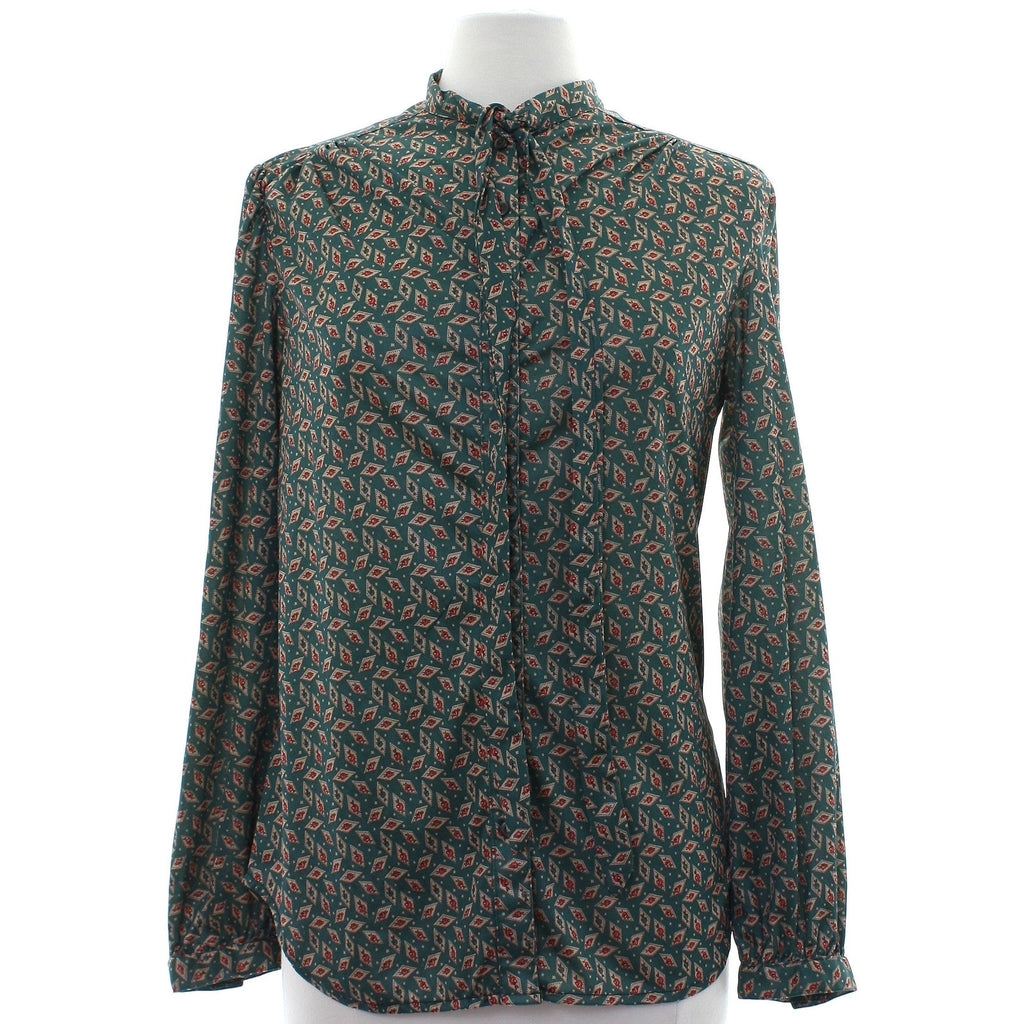 Vintage 70s Green Geometric Bow Tie Neck Polyester Blouse Women's Large