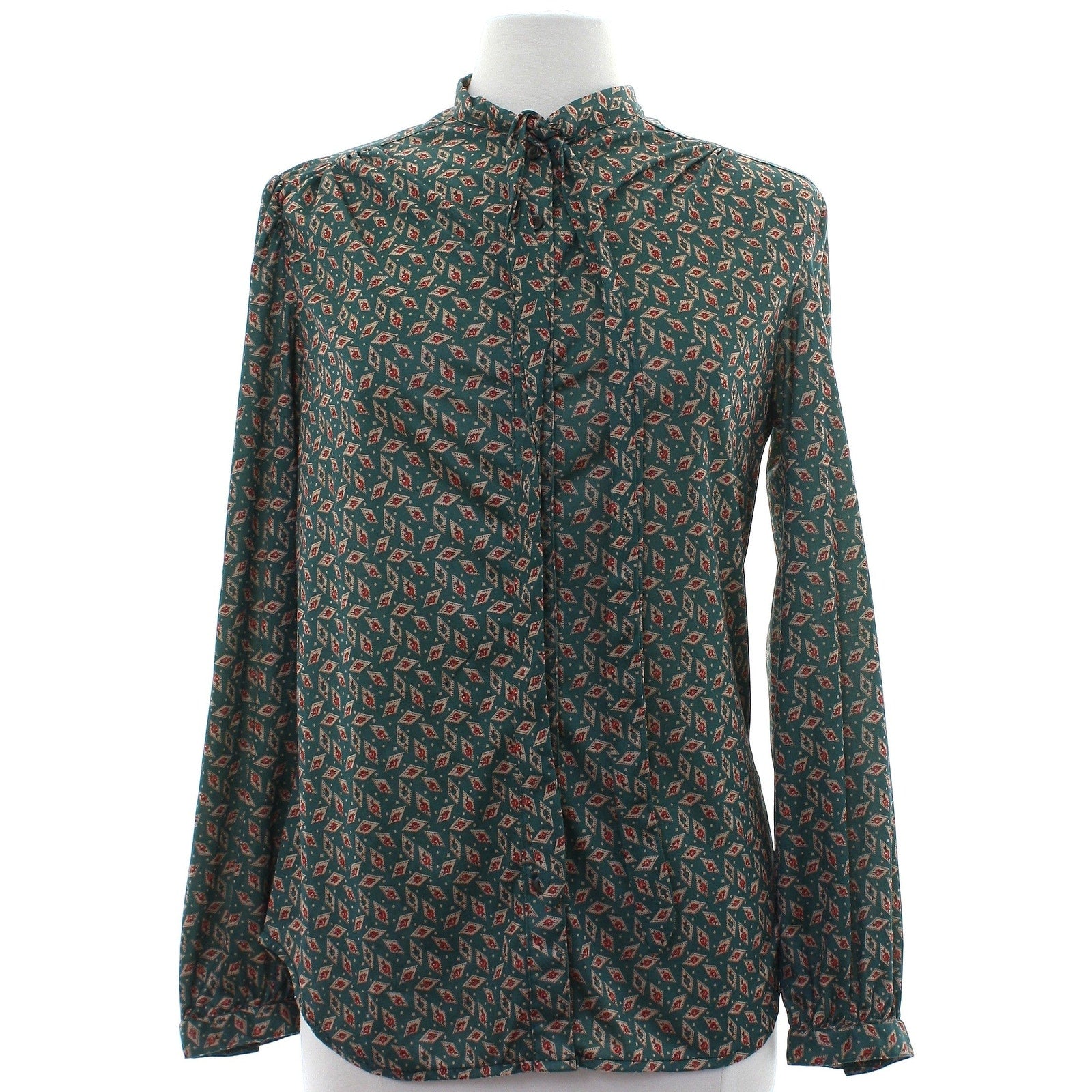 Vintage 70s Green Geometric Bow Tie Neck Polyester Blouse Women's Large