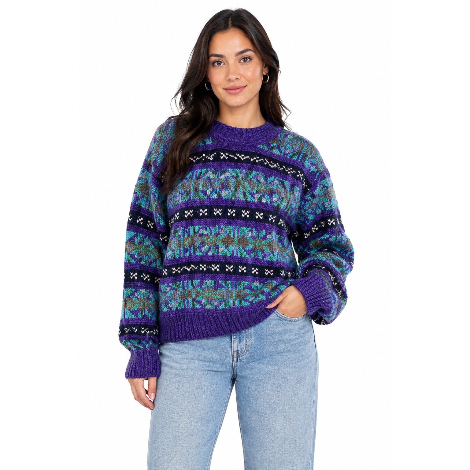 Vintage 80s Artesanias Conejo Ecuador Wool Sweater Purple Blue Women's M