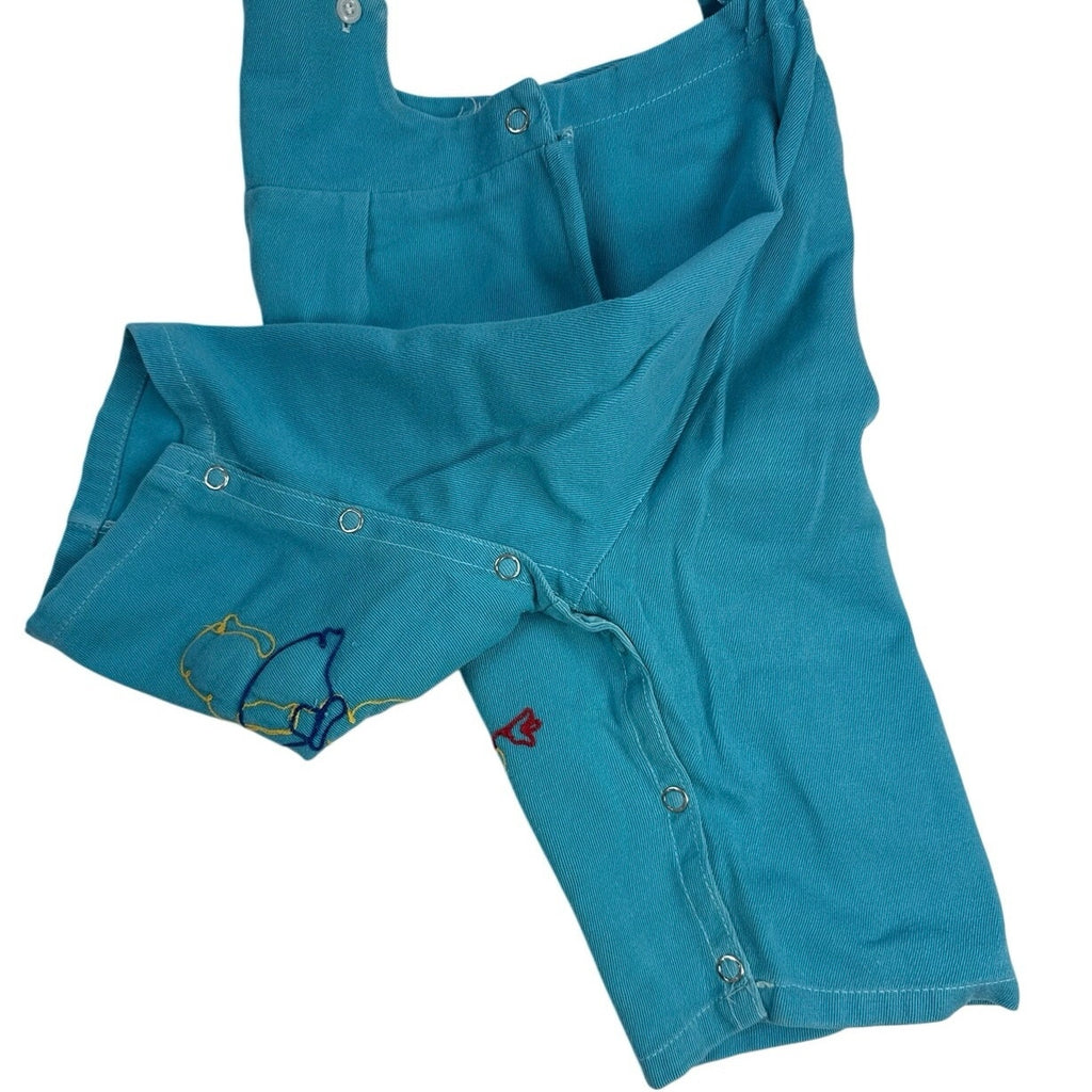 Vintage 1950s Baby Aqua Embroidered Bear Overalls 1-3 Months