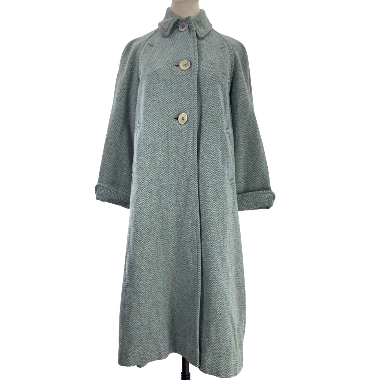 Vintage 1950s Women's Medium Aqua Green Gray Tweed Wool Coat A-Line 40 Bust