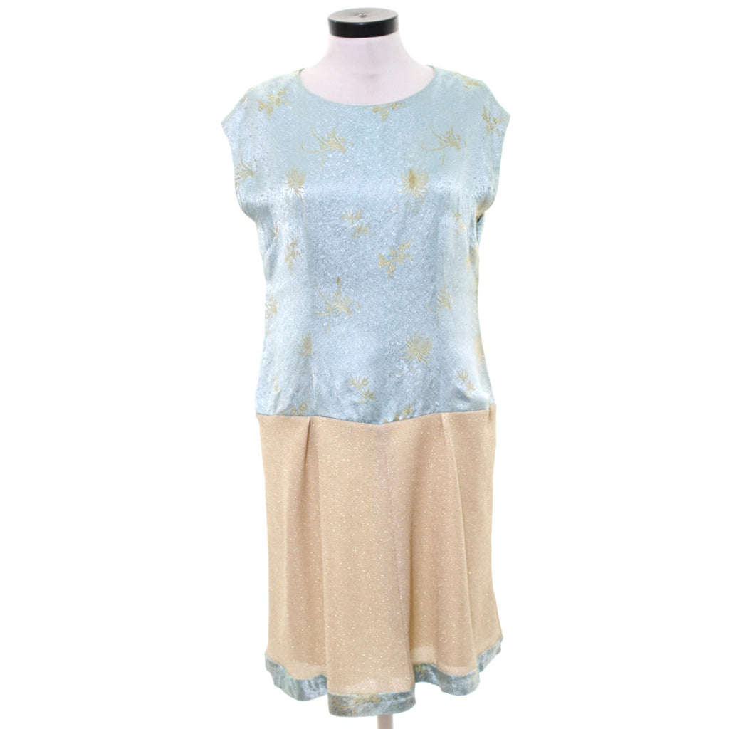 Vintage 70s Handmade Blue Gold Metallic Brocade Drop Waist Dress Women's Medium