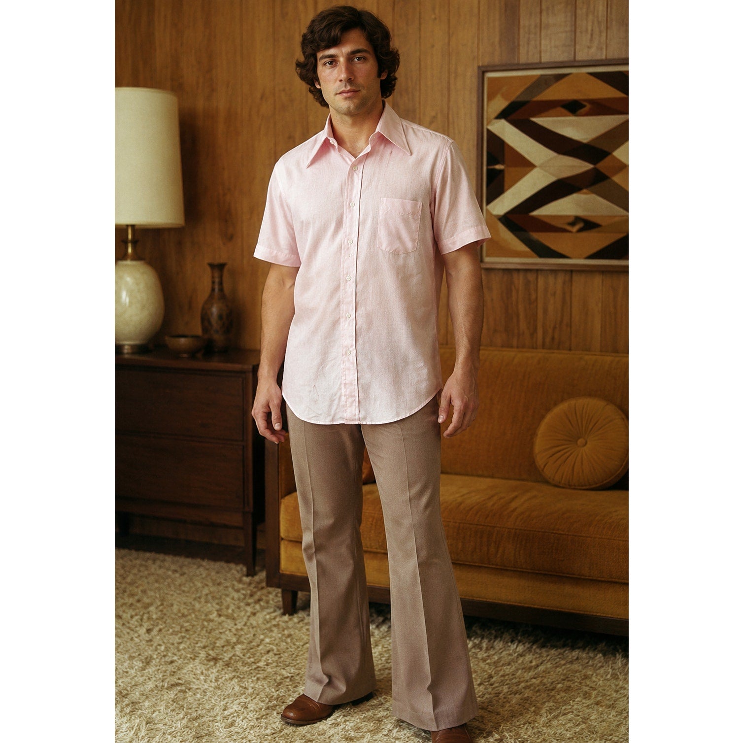 Vintage 70s Golden Comfort Pink Short Sleeve Point Collar Shirt Mens 42