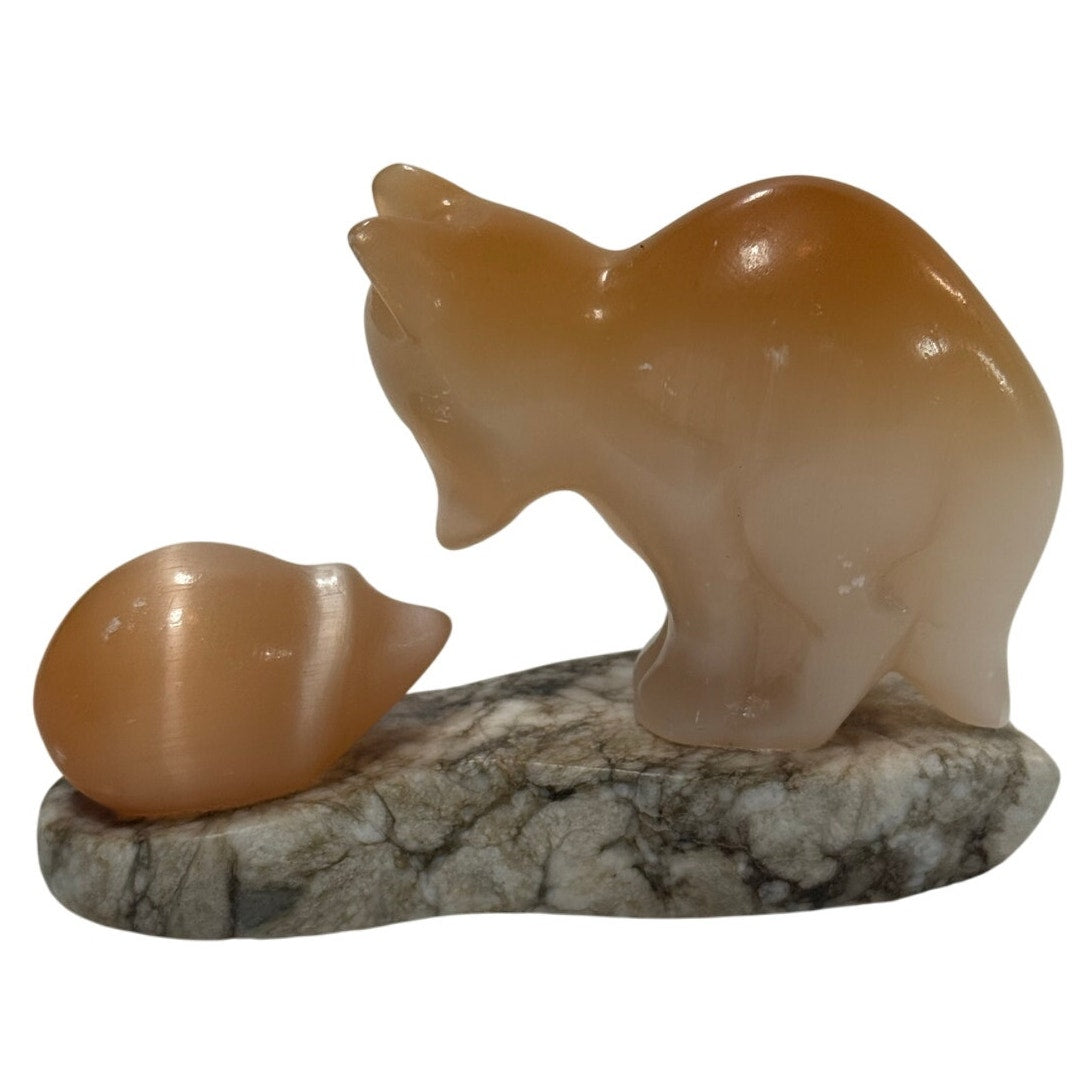 Decor 60s Stone Fox & Hedgehog Figurine on Granite Base