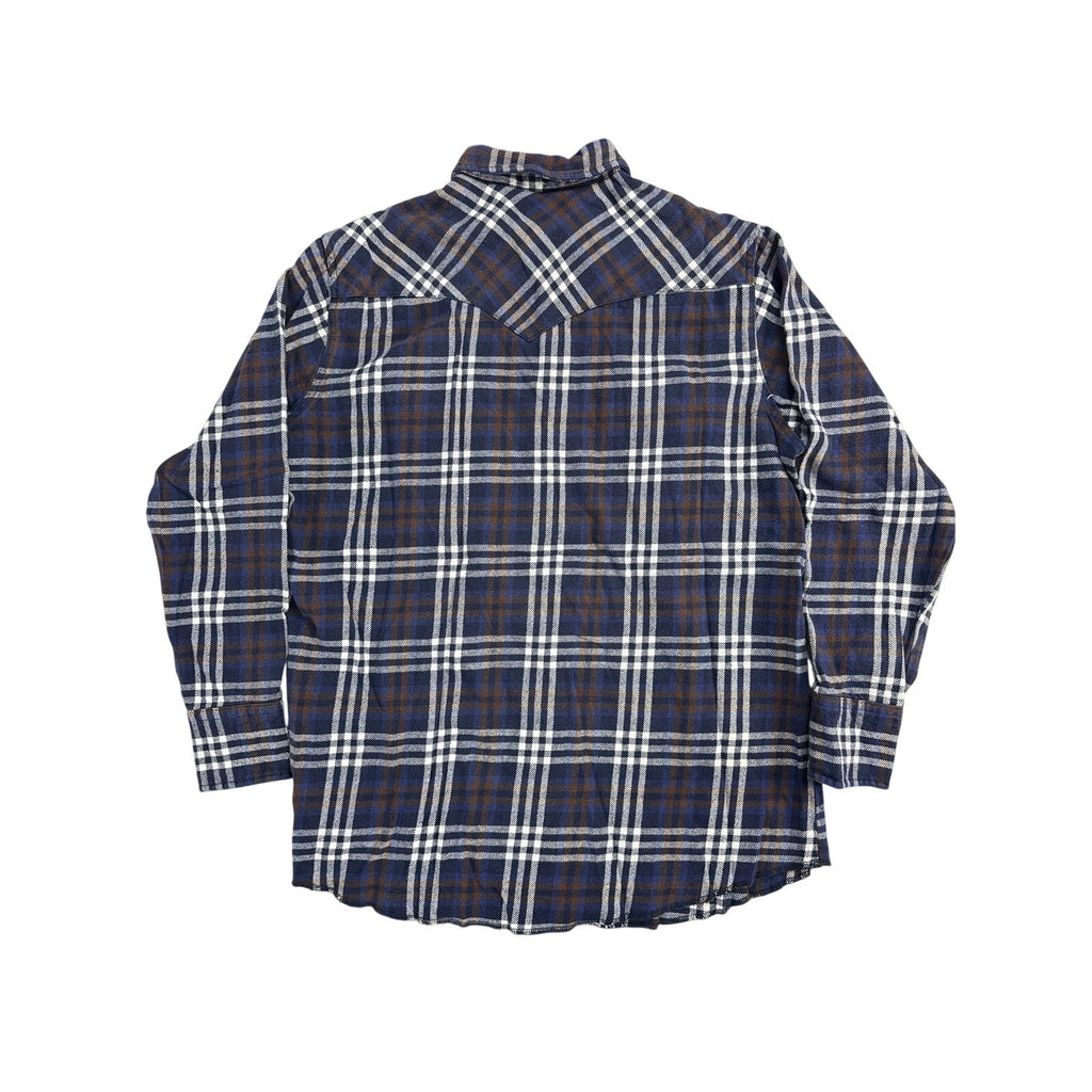 Vintage 90s Wrangler Men’s Navy Plaid Cotton Flannel Pearl Snap Western Shirt L