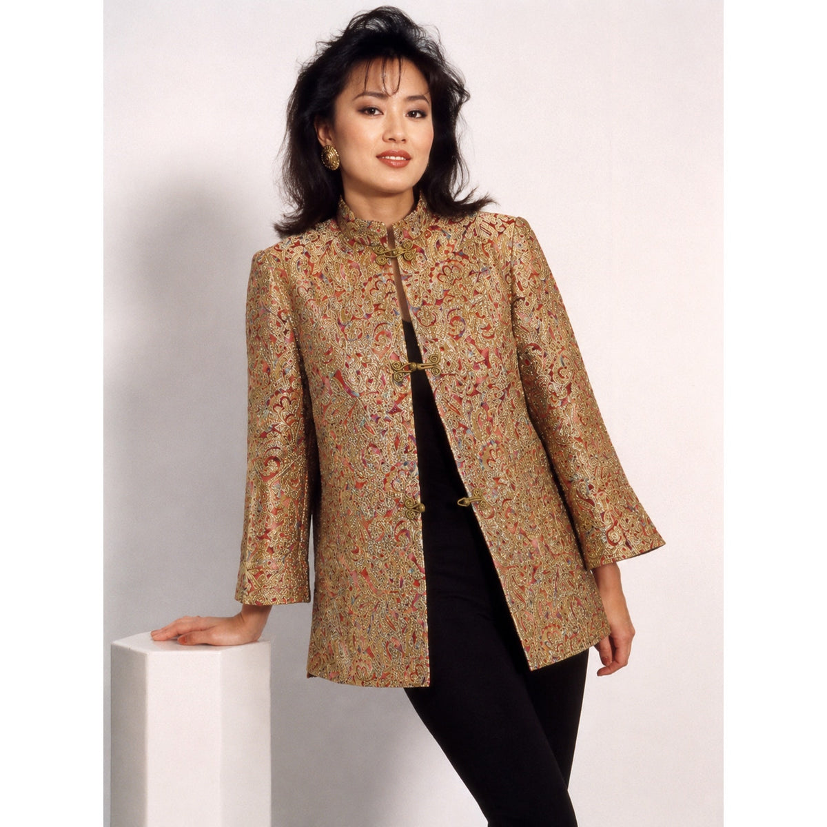 Vintage 90s Women's Medium Metallic Tunic Jacket Asian Inspired Hook Closure