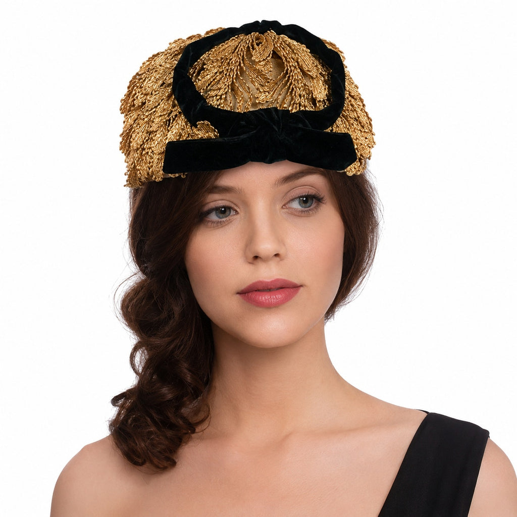 Vintage 50s Art Deco Flapper Hat Gold Black Velveteen Cocktail