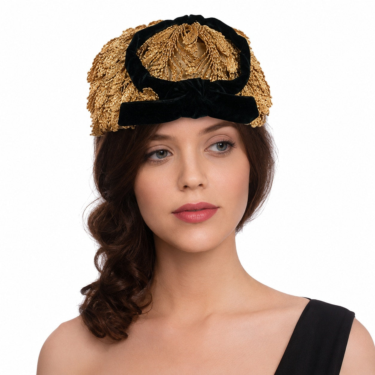 Vintage 50s Art Deco Flapper Hat Gold Black Velveteen Cocktail
