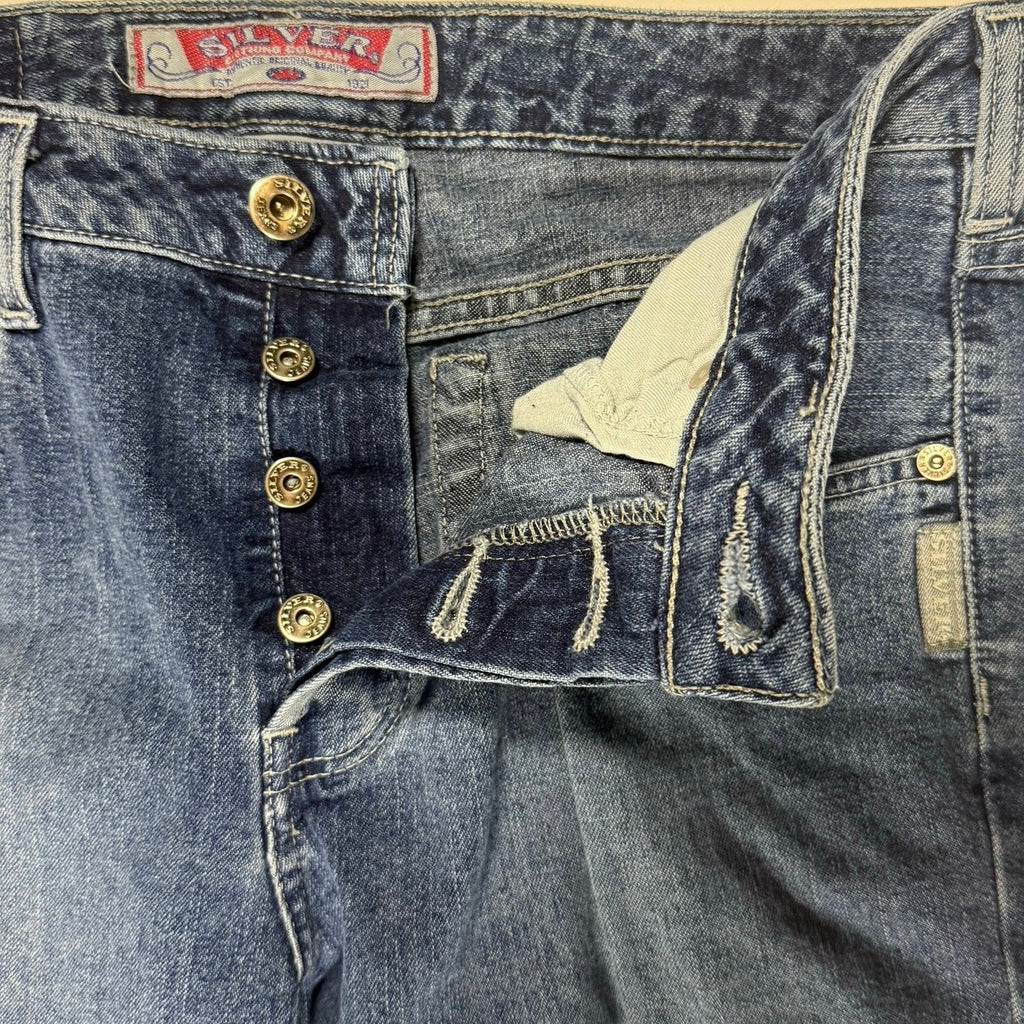 Vintage 90s Women's 30 Silver Mid Rise Flare Jeans Button Fly Denim