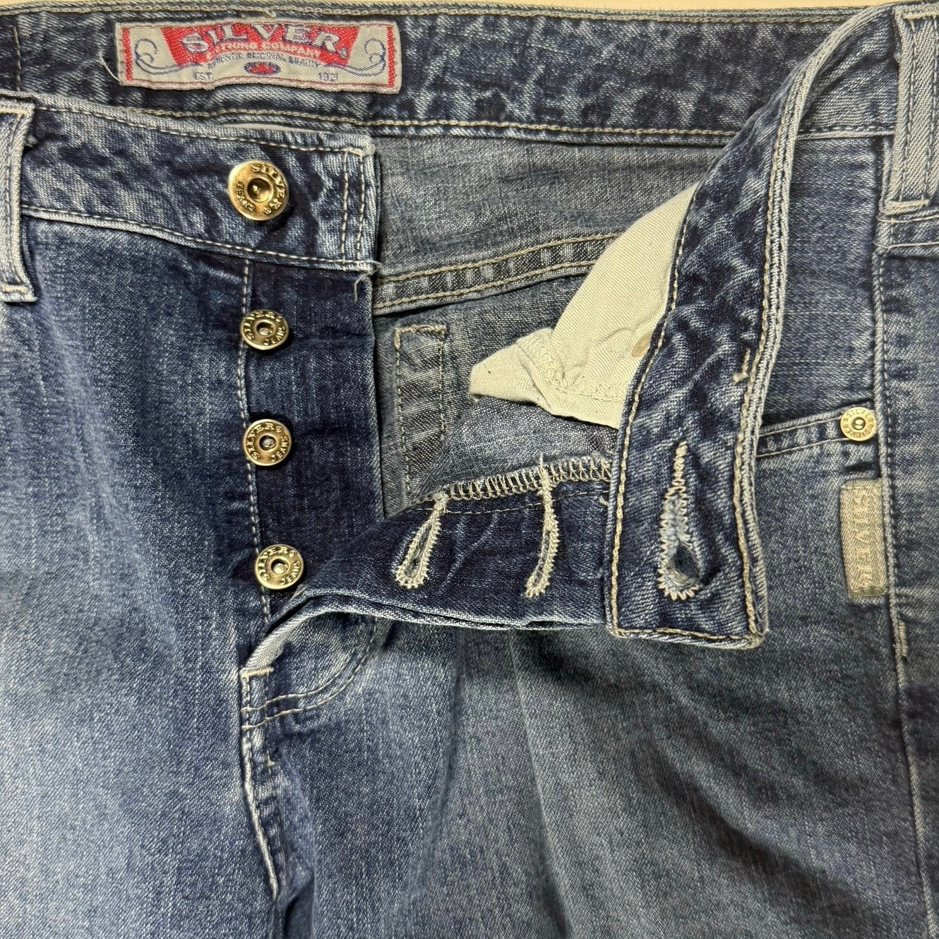 Vintage 90s Women's 30 Silver Mid Rise Flare Jeans Button Fly Denim