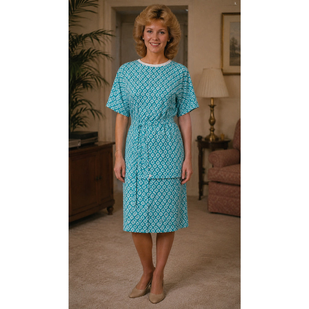 Vintage 80s Aquamarine Geometric Jersey Knit Belted Midi Dress M