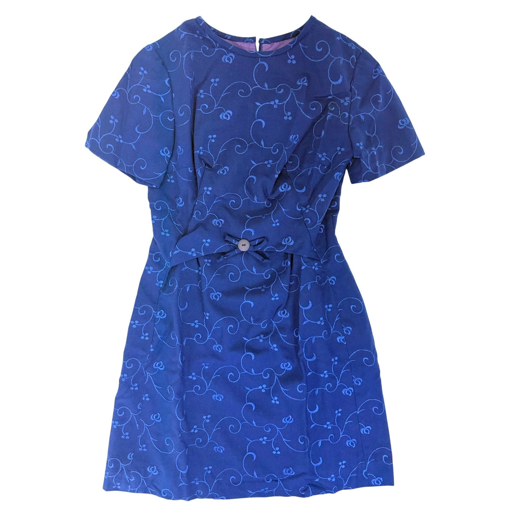 Vintage 70s Home Sewn Navy Embroidered Wool Mini Dress Bow Front Small