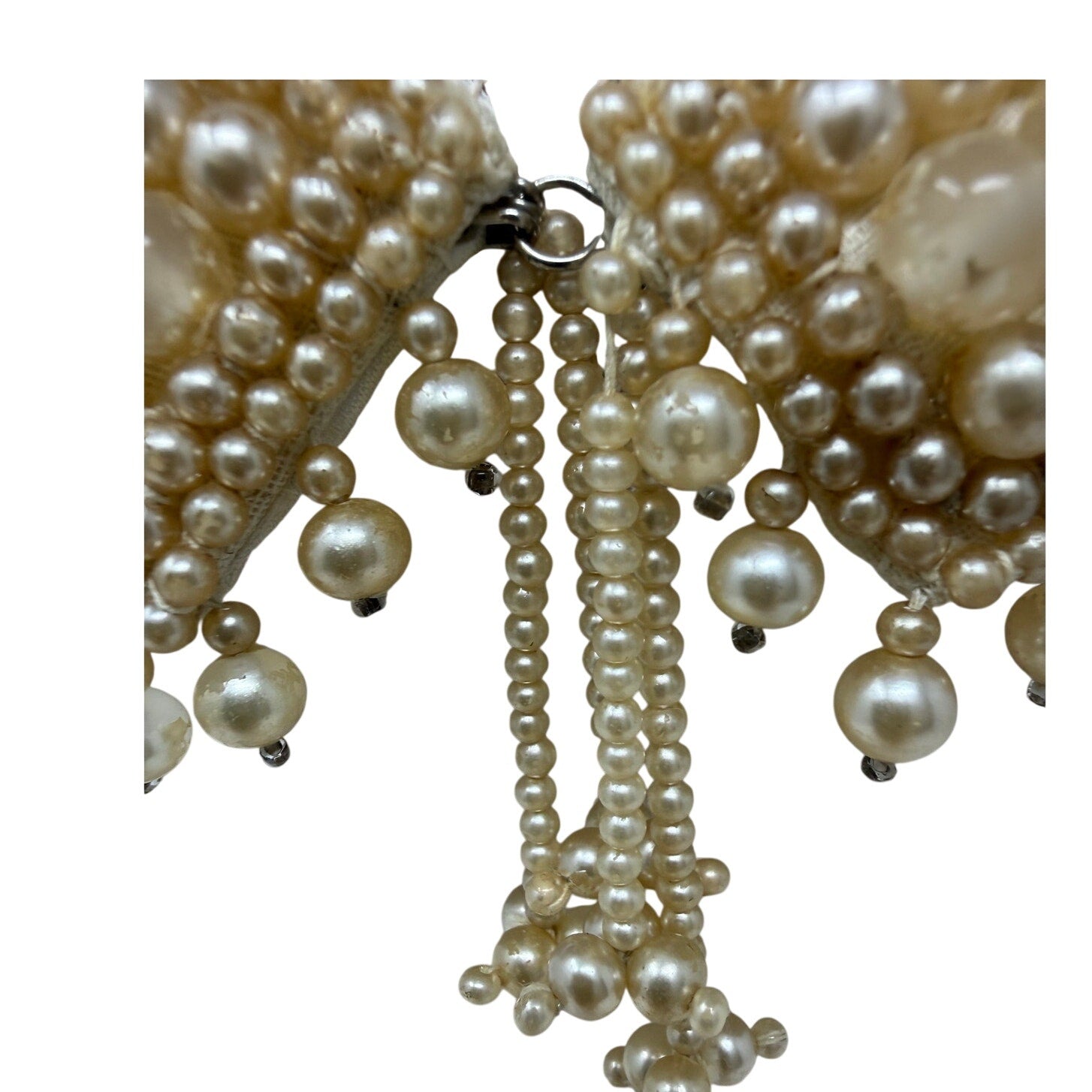 Vintage 40s Faux Pearl Beaded Collar Necklace Ivory Satin Bib 15.5”